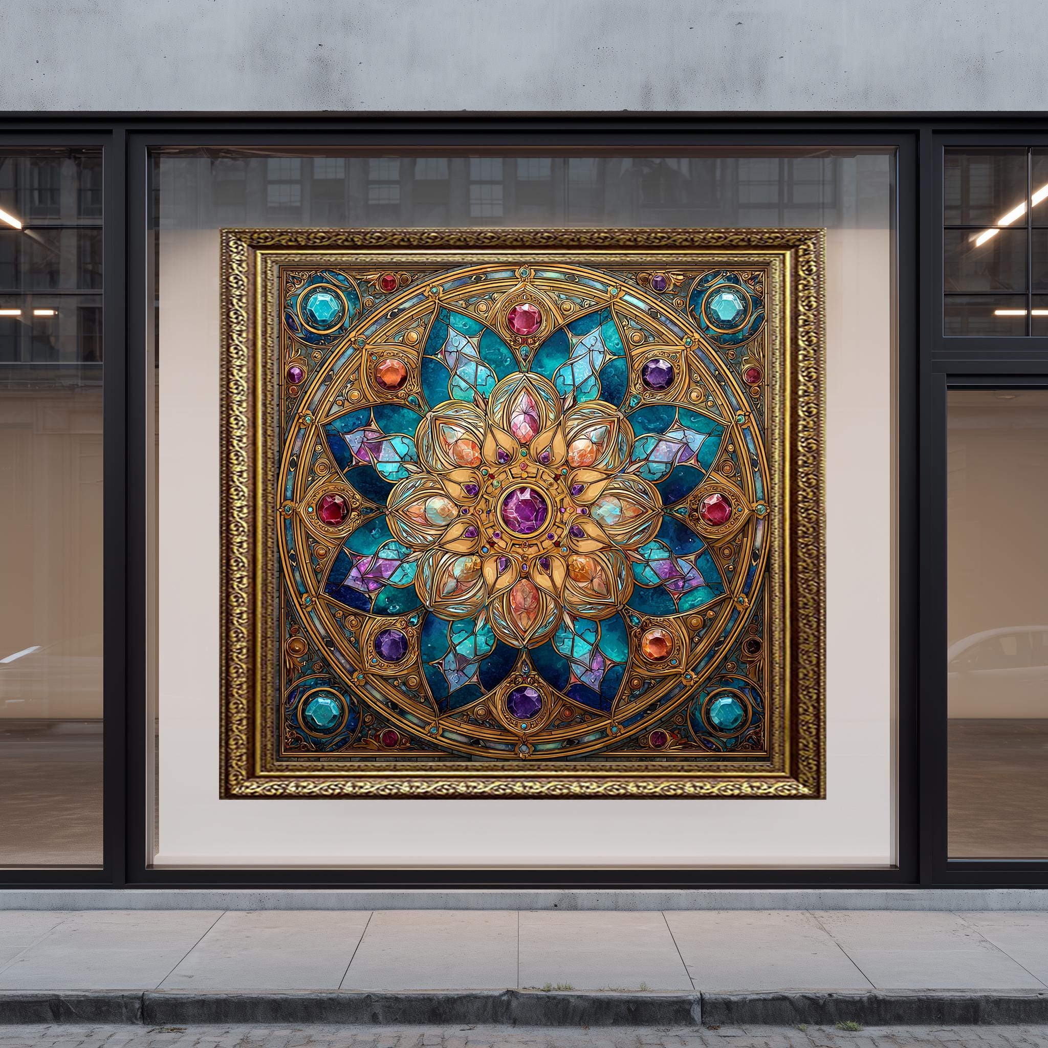 Stained Glass Mandala Art – Boho Spiritual Wall Art with Gold & Gemstone Details