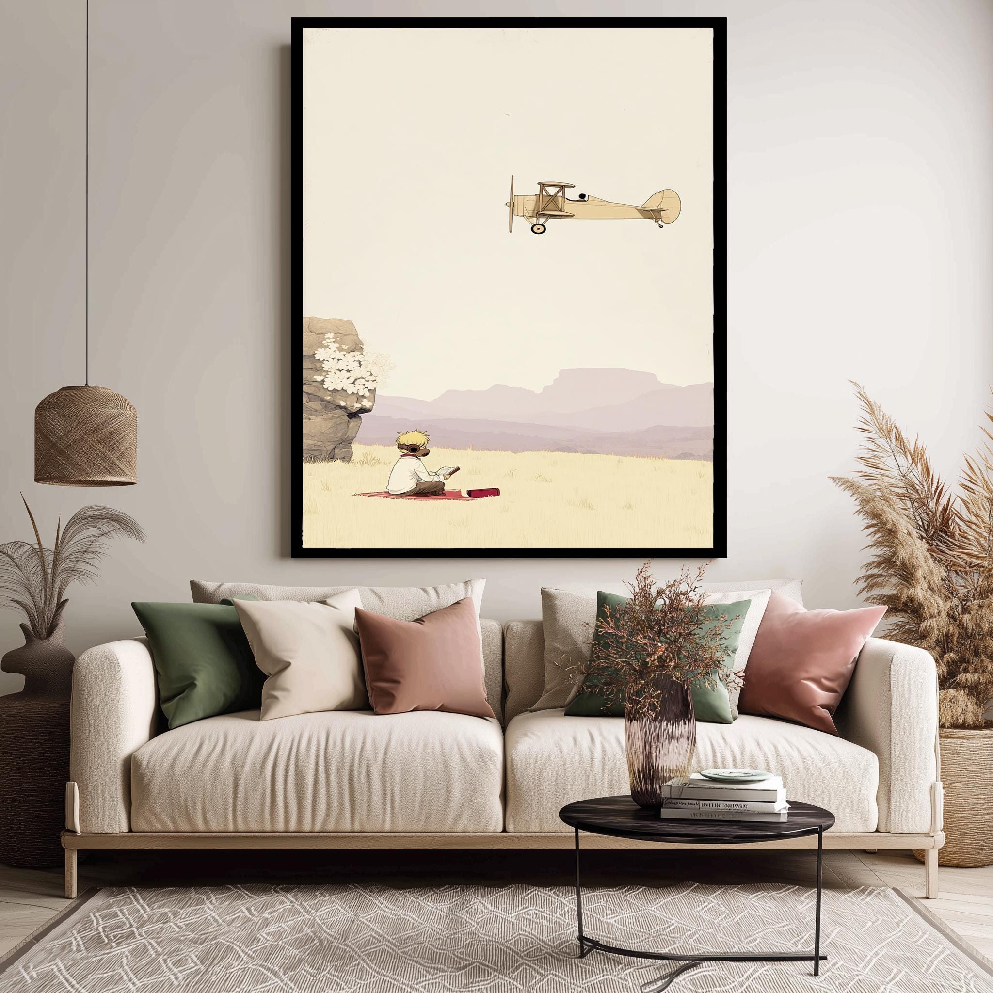 Vintage Airplane Wall Art – Boy Reading Canvas Print | Dreamy Storybook Decor