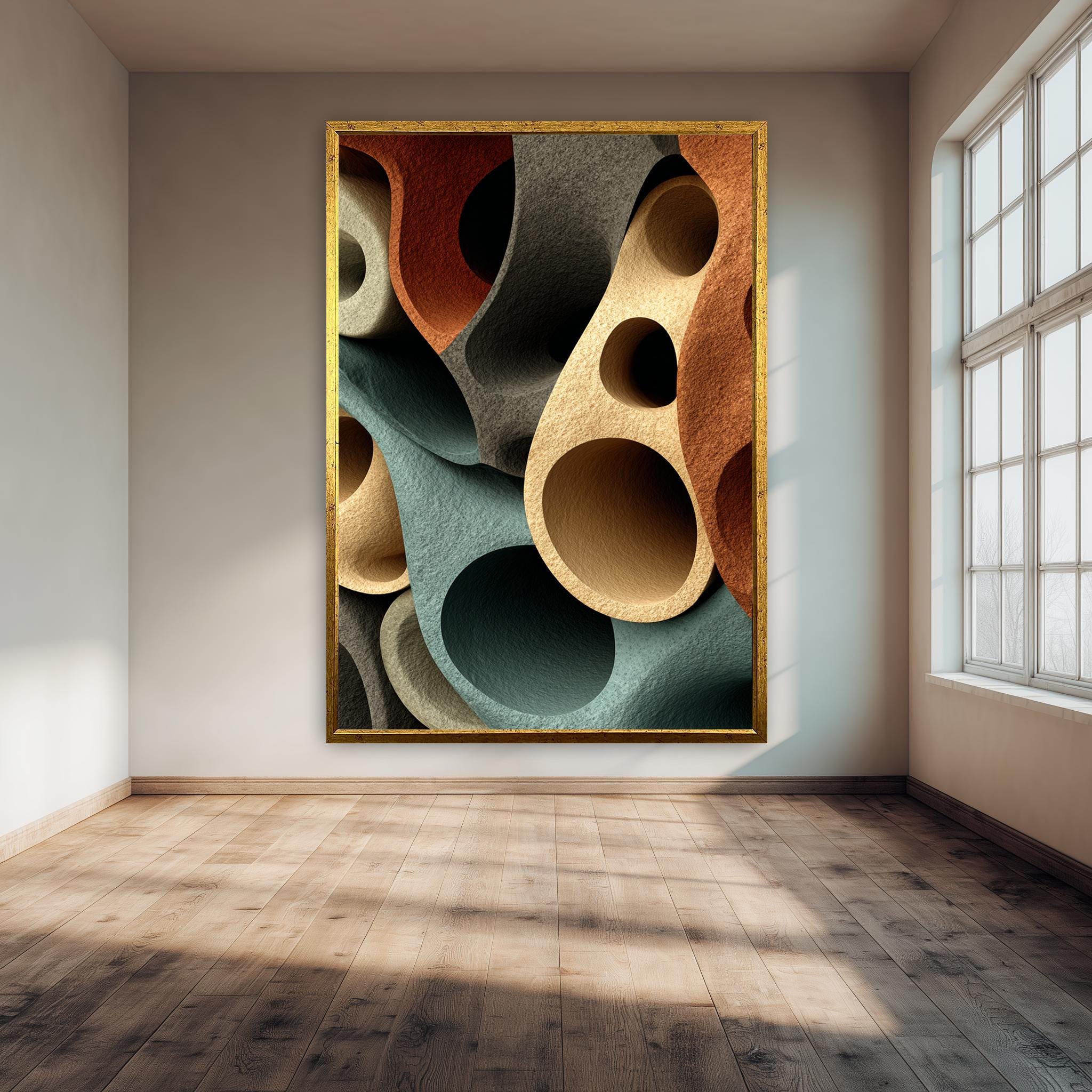 Modern Abstract Wall Art – 3D Abstract Print with Organic Shapes & Earth Tone Artwork