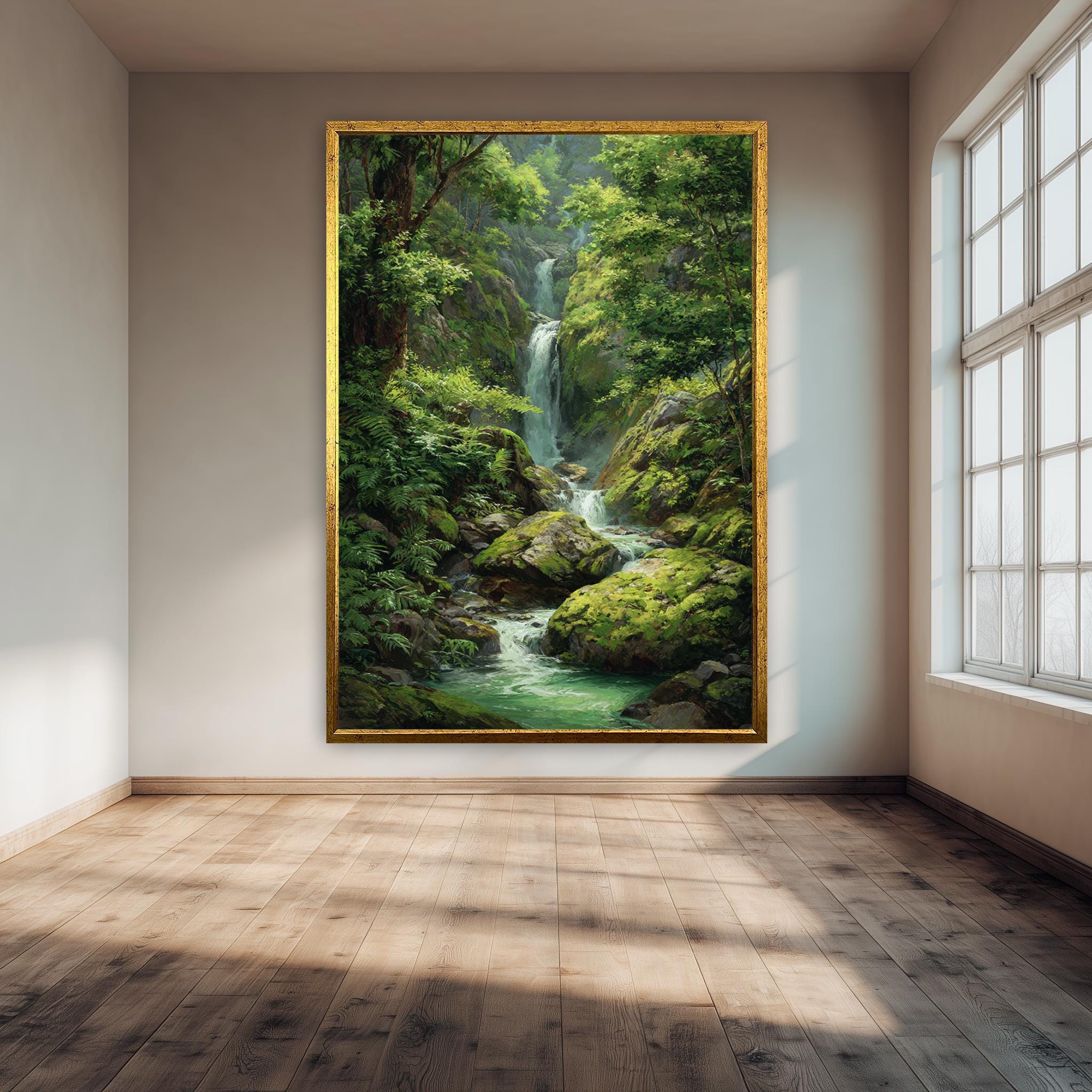 Waterfall Forest Art Print – Tranquil Nature Landscape & Lush Greenery Poster