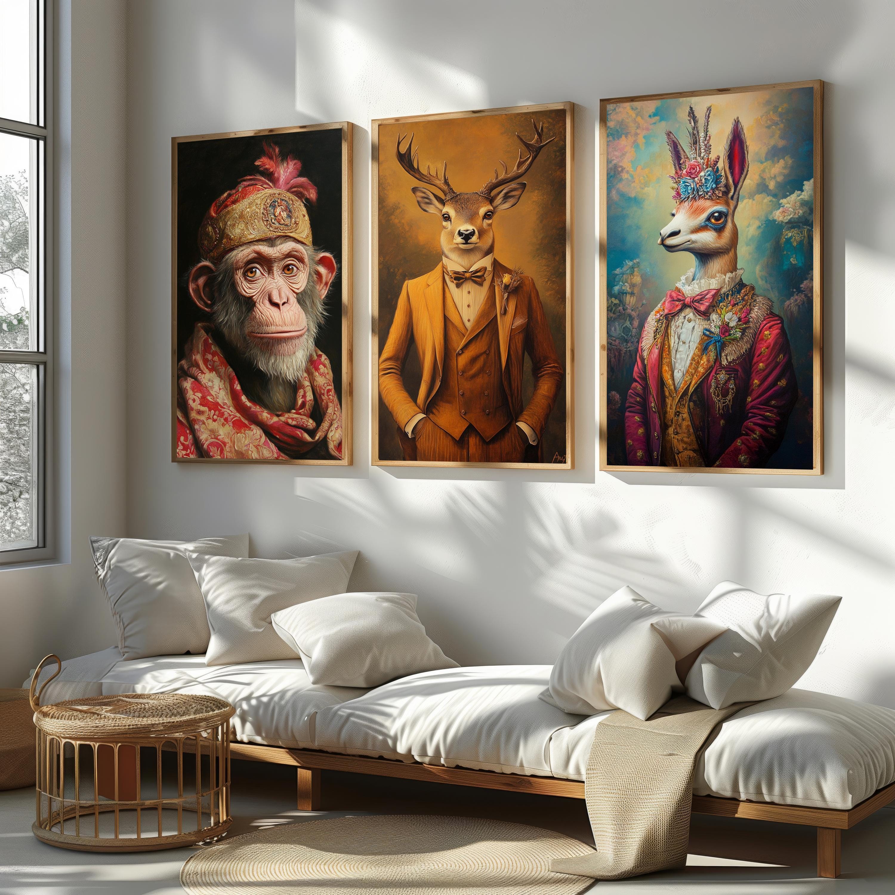 Animal Portrait Prints – Whimsical Wall Art Set | Vintage Canvas, Dressed Animals