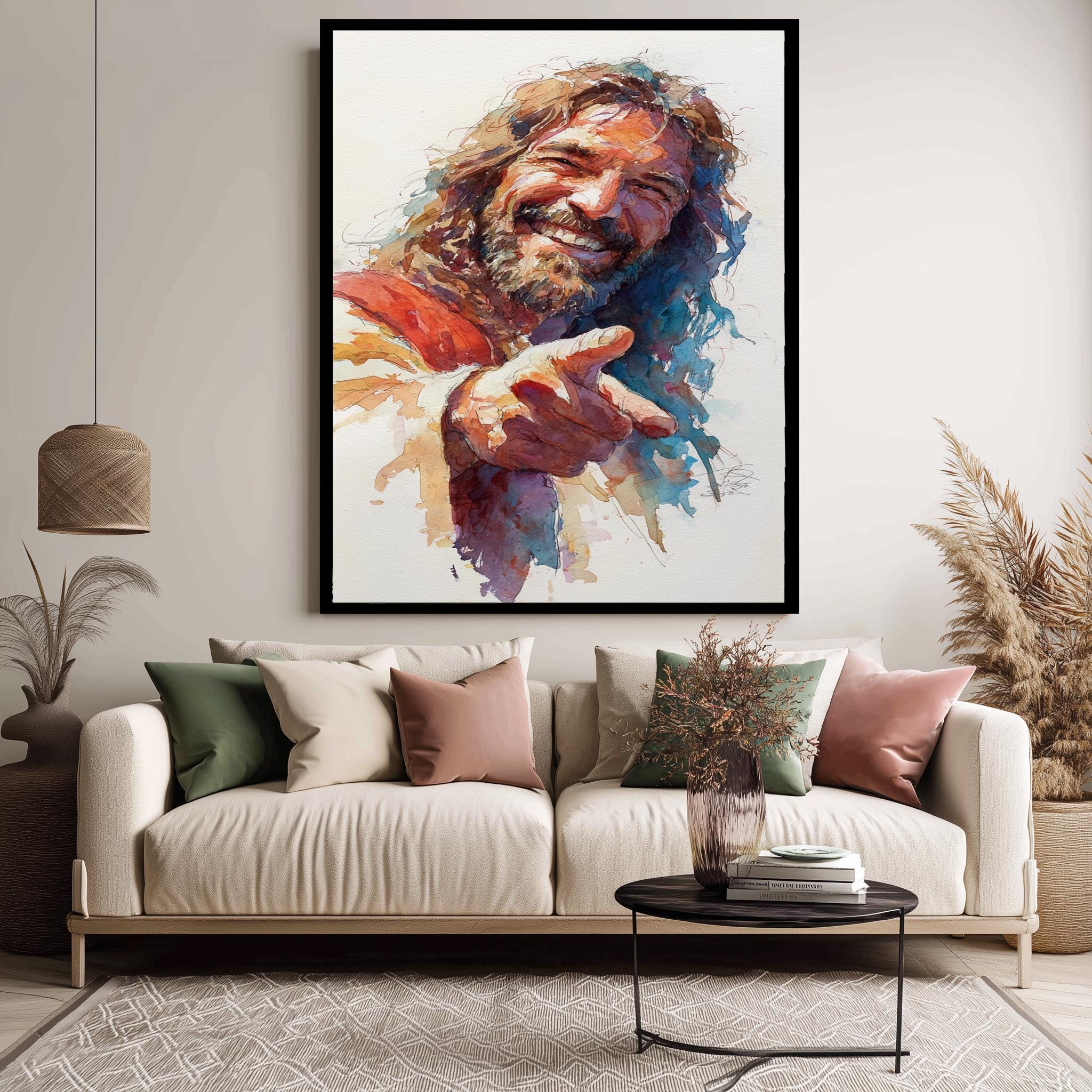 Smiling Jesus Watercolor Art – Joyful Catholic Print | Modern Christian Wall Decor