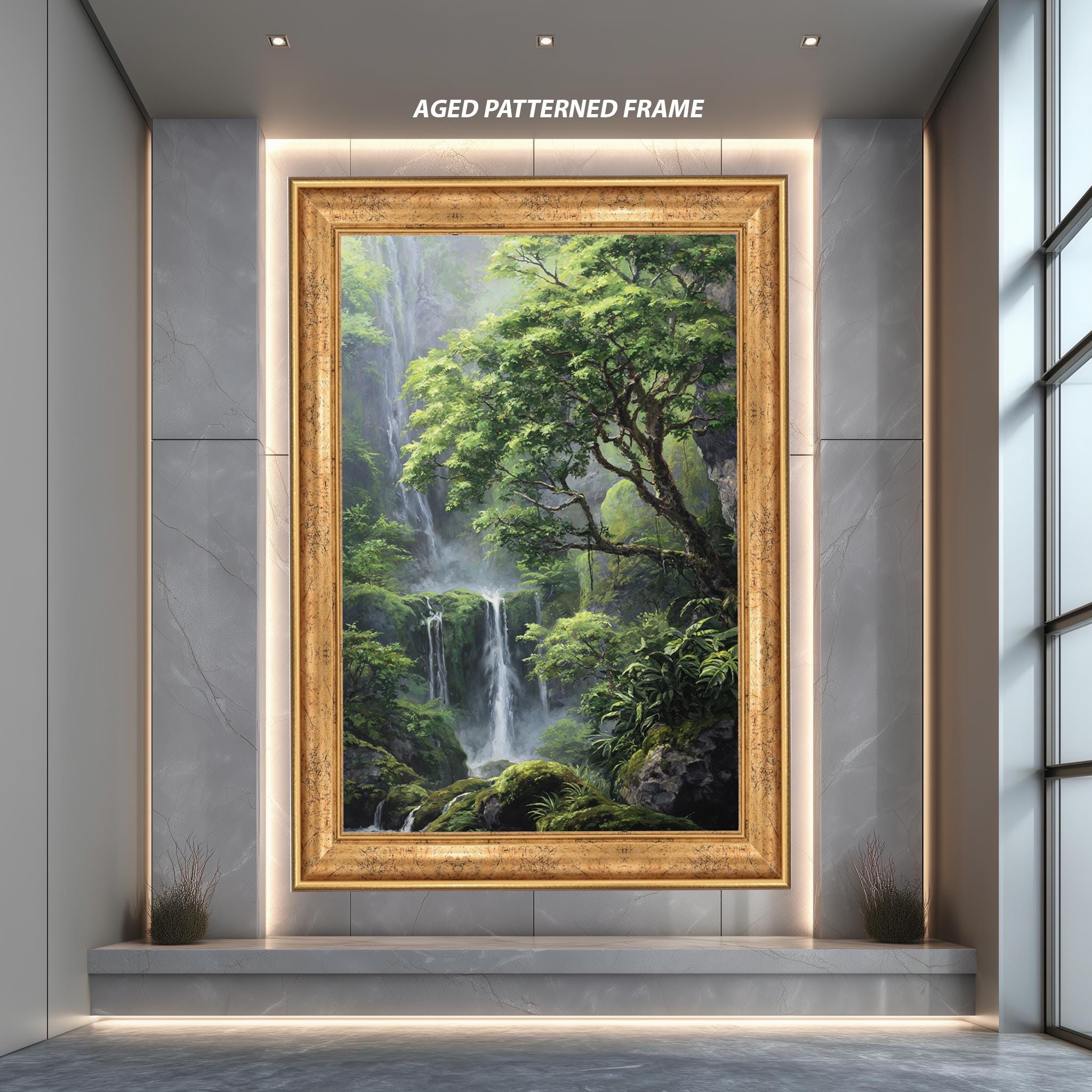 Forest Waterfall Art Print – Misty Green Landscape | Serene Rainforest Wall Decor