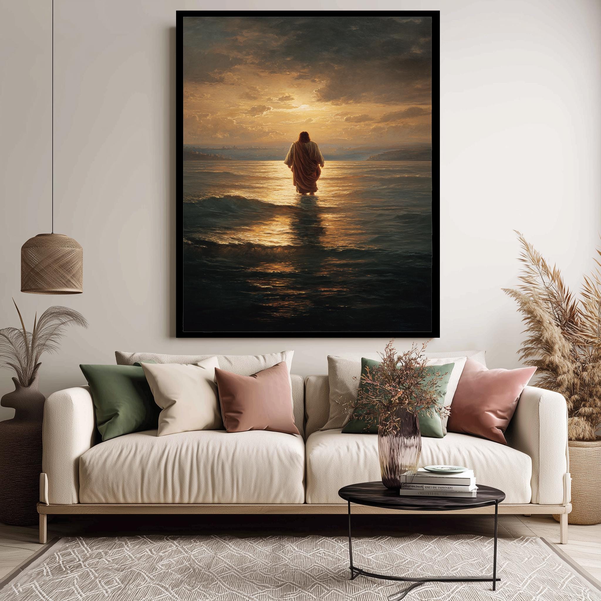 Jesus Walking on Water - Peaceful Christian Wall Art | Spiritual Ocean Print Canvas