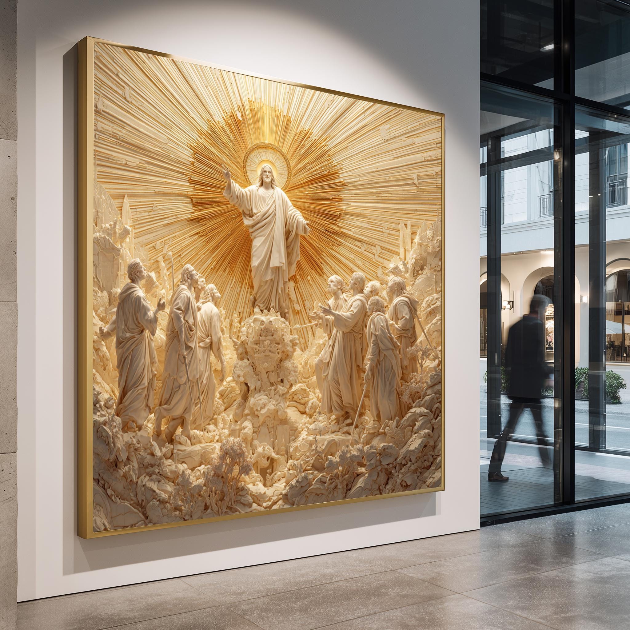 Christian Wall Art – Jesus Apostles Painting with Divine Light Rays & Sacred Resurrection Theme