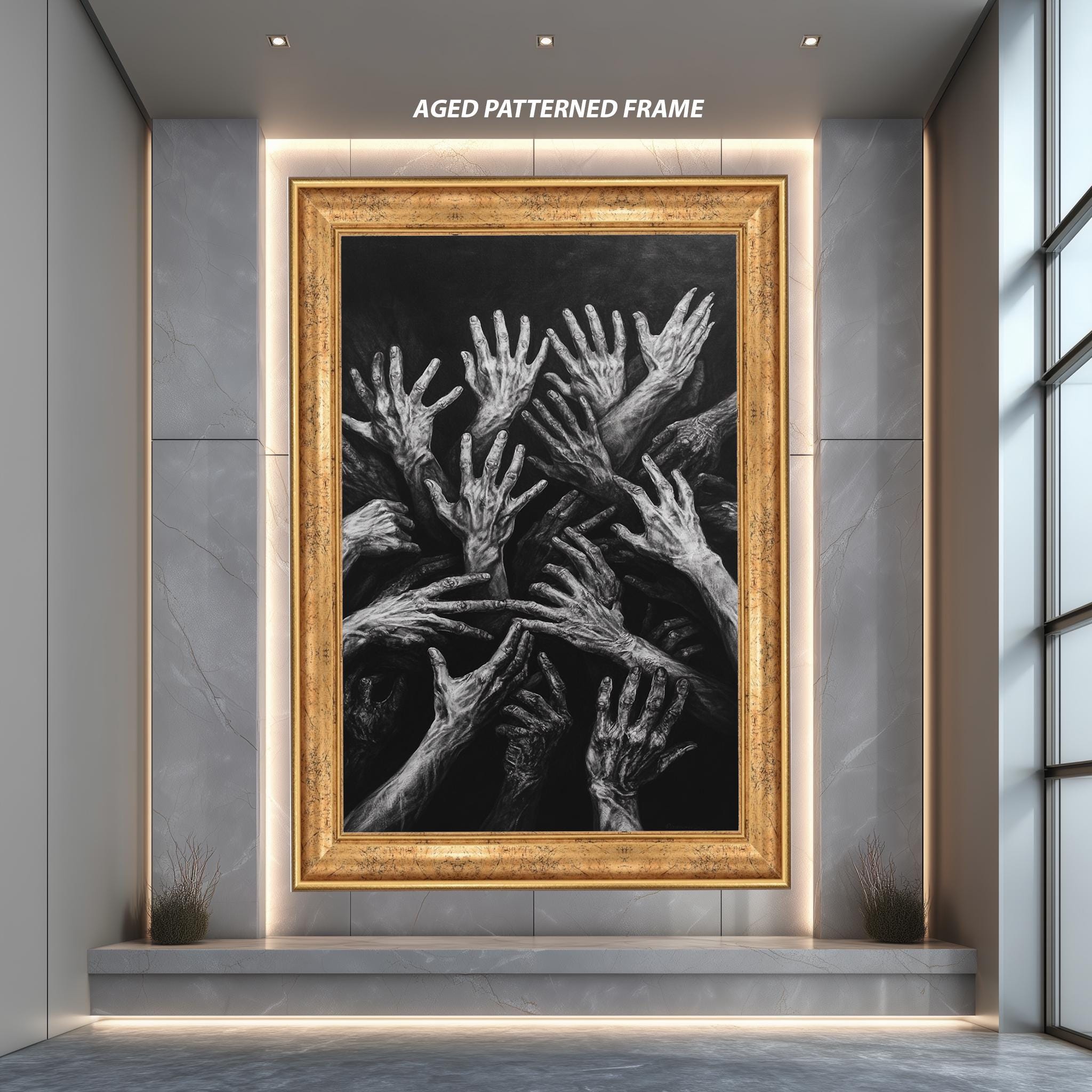 Dark Reaching Hands Canvas | Black and White Wall Art - Dramatic Surreal Poster