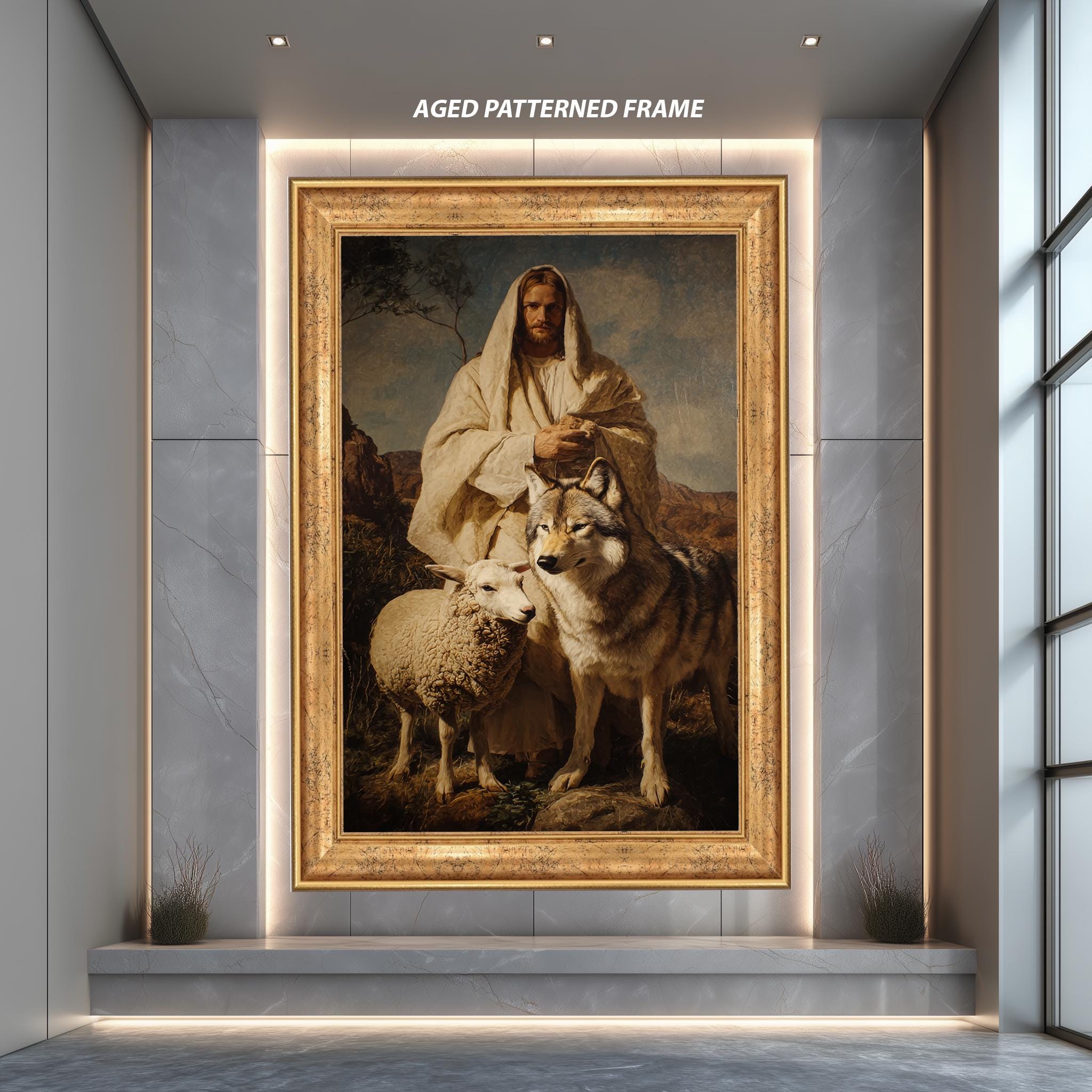 Realistic Jesus Art Print – Christian Wall Decor | Lamb and Wolf Spiritual Scene