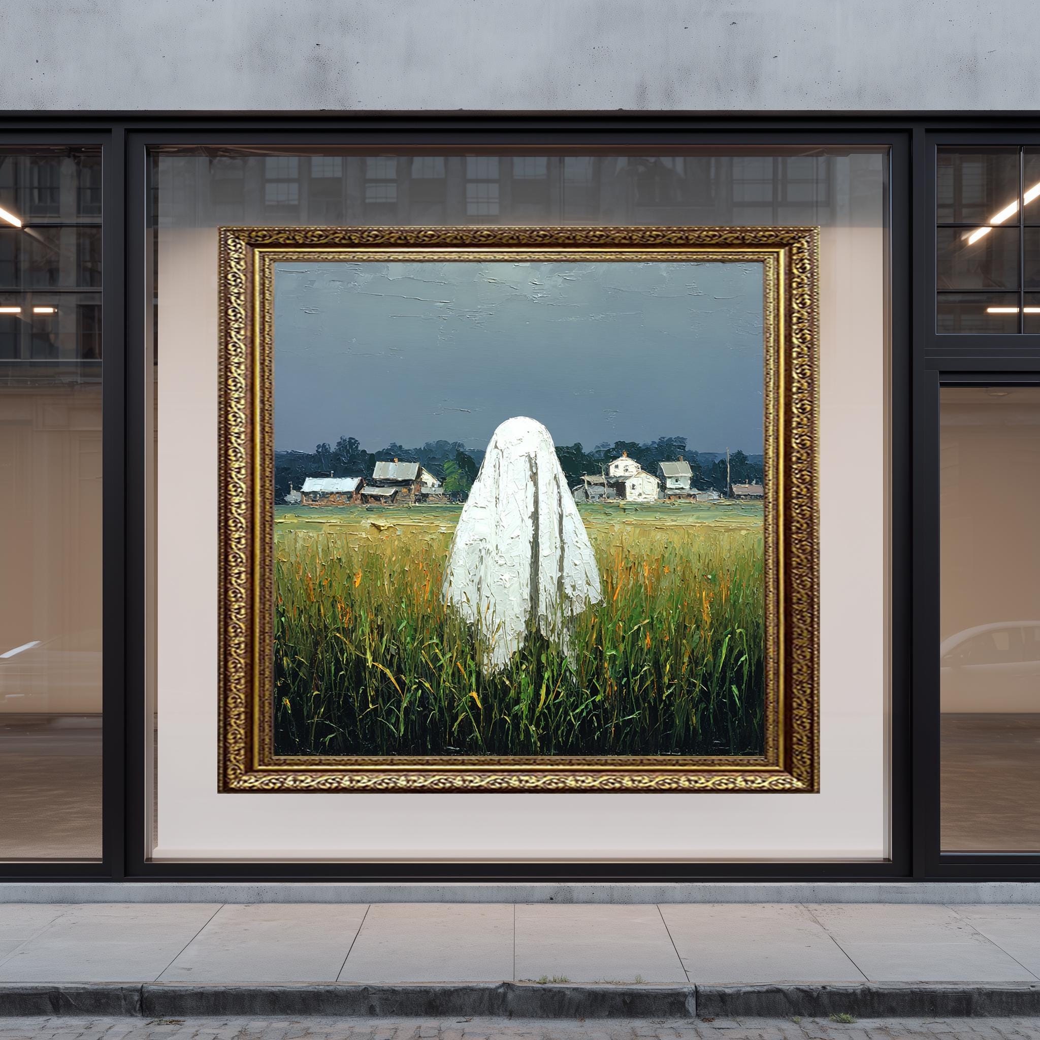 Surreal Ghost Art Print – Moody Gothic Wall Art with Rural Landscape Oil Style