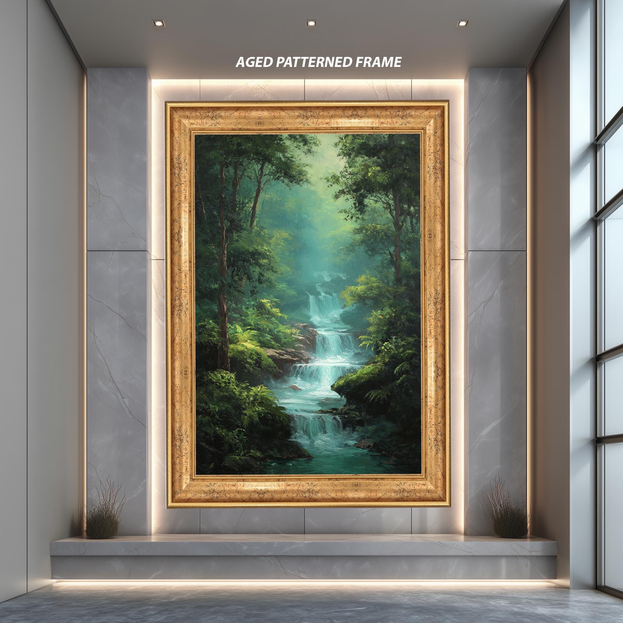 Waterfall Forest Art Print – Misty Green Landscape | Peaceful Nature Painting