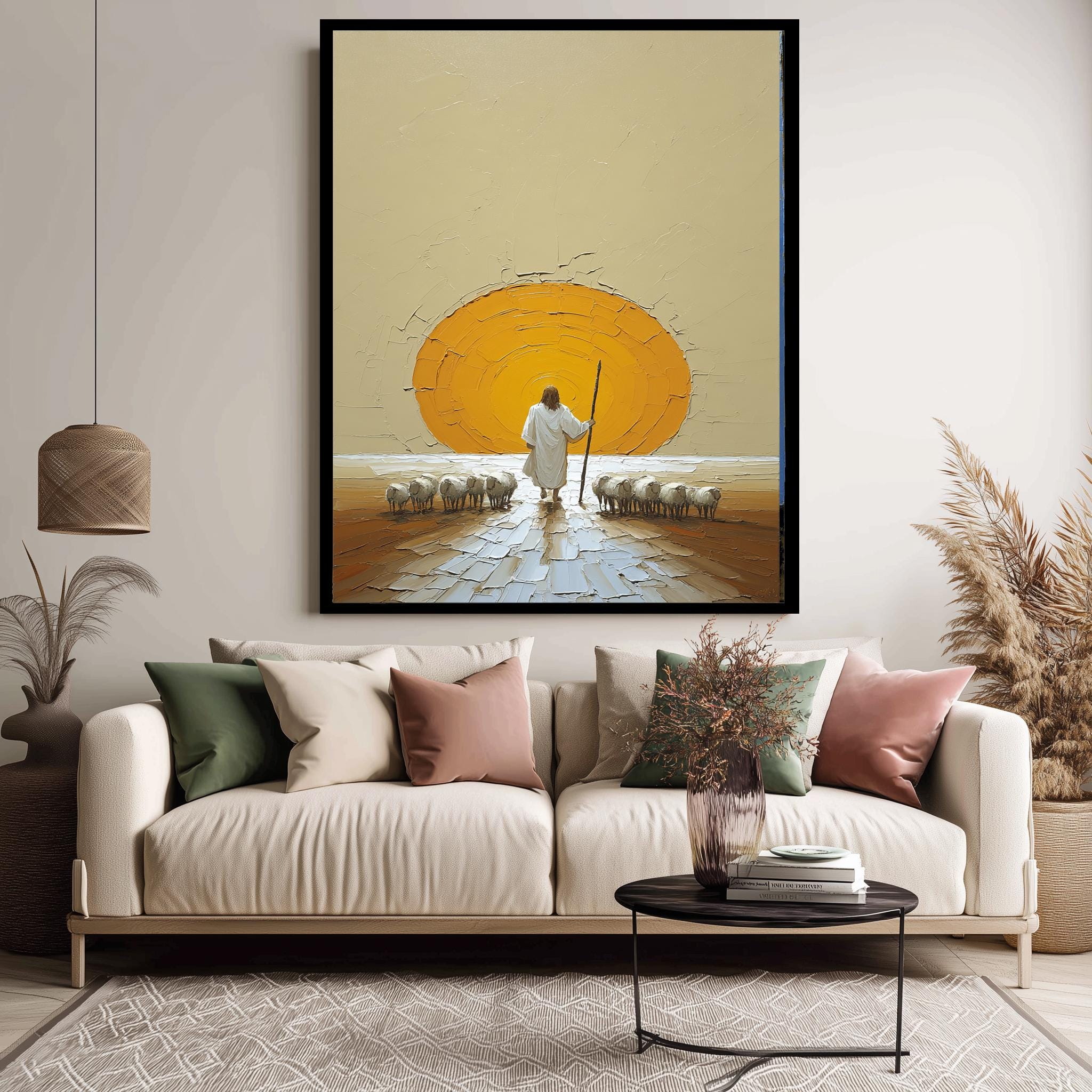 Christian Wall Art | Jesus Good Shepherd Poster – Spiritual Sunset Canvas Print