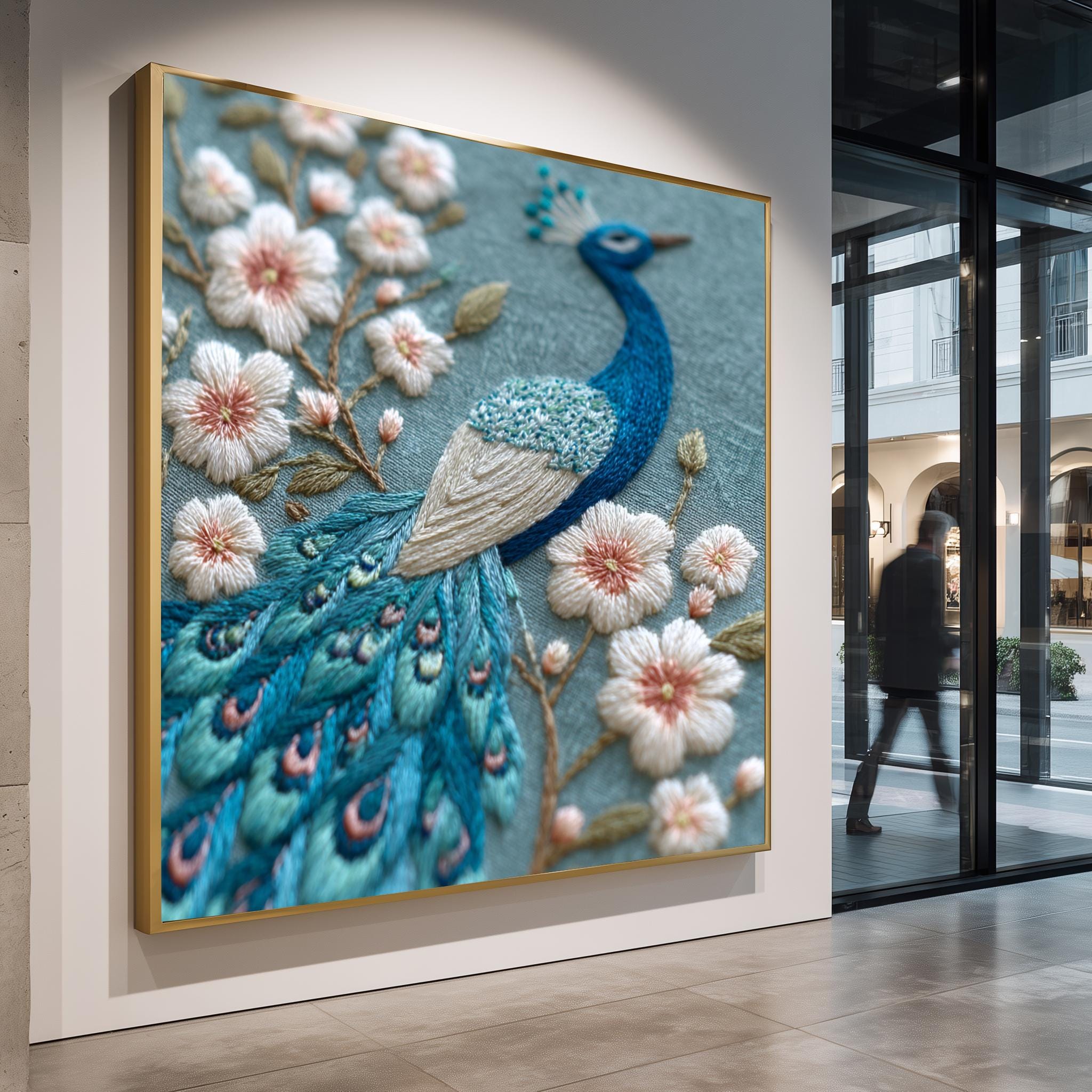 Peacock Wall Art – Hand Embroidered Floral Textile Decor on Blue Fabric for Home