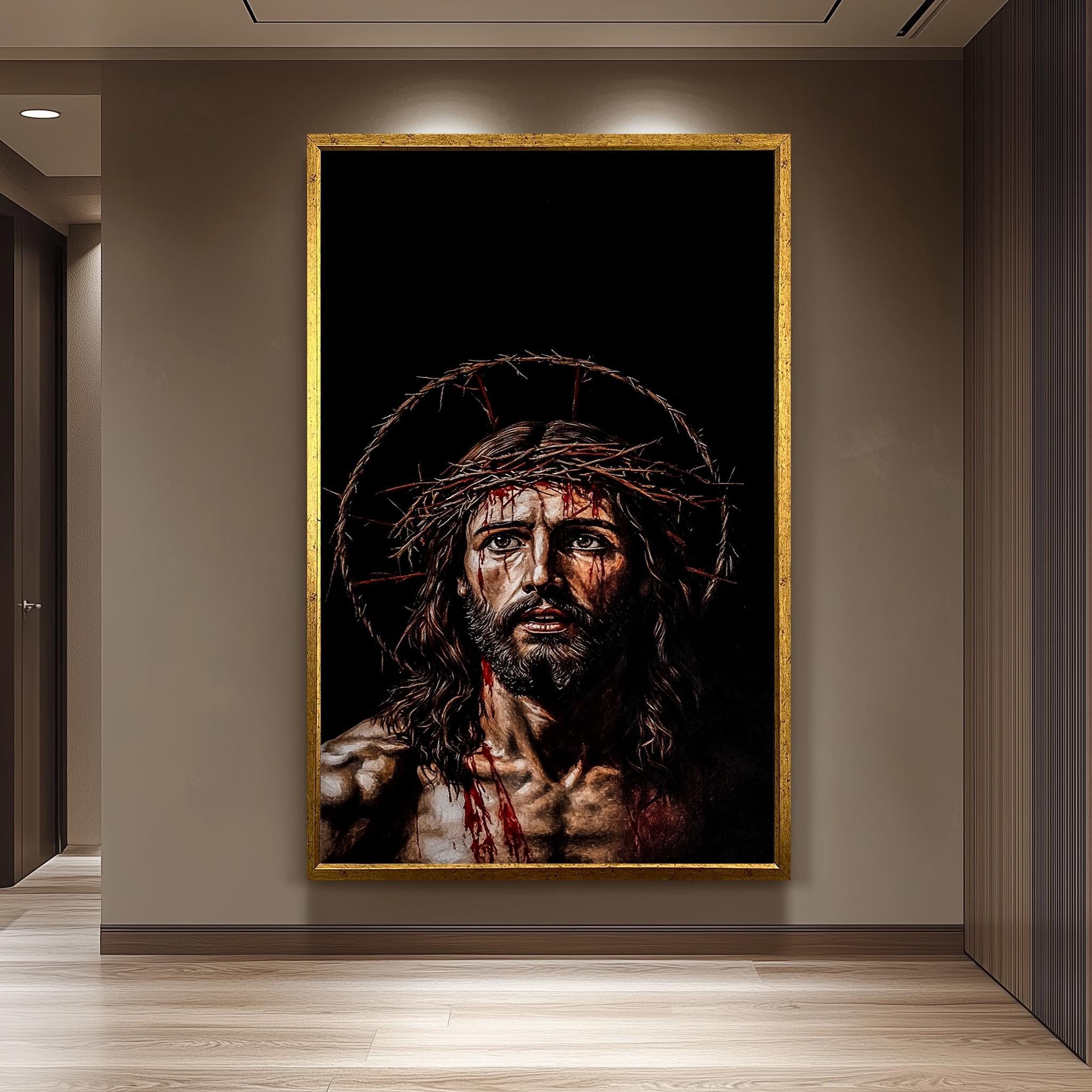 Jesus Crown of Thorns Wall Art – Powerful Religious Canvas Print with Dark Background