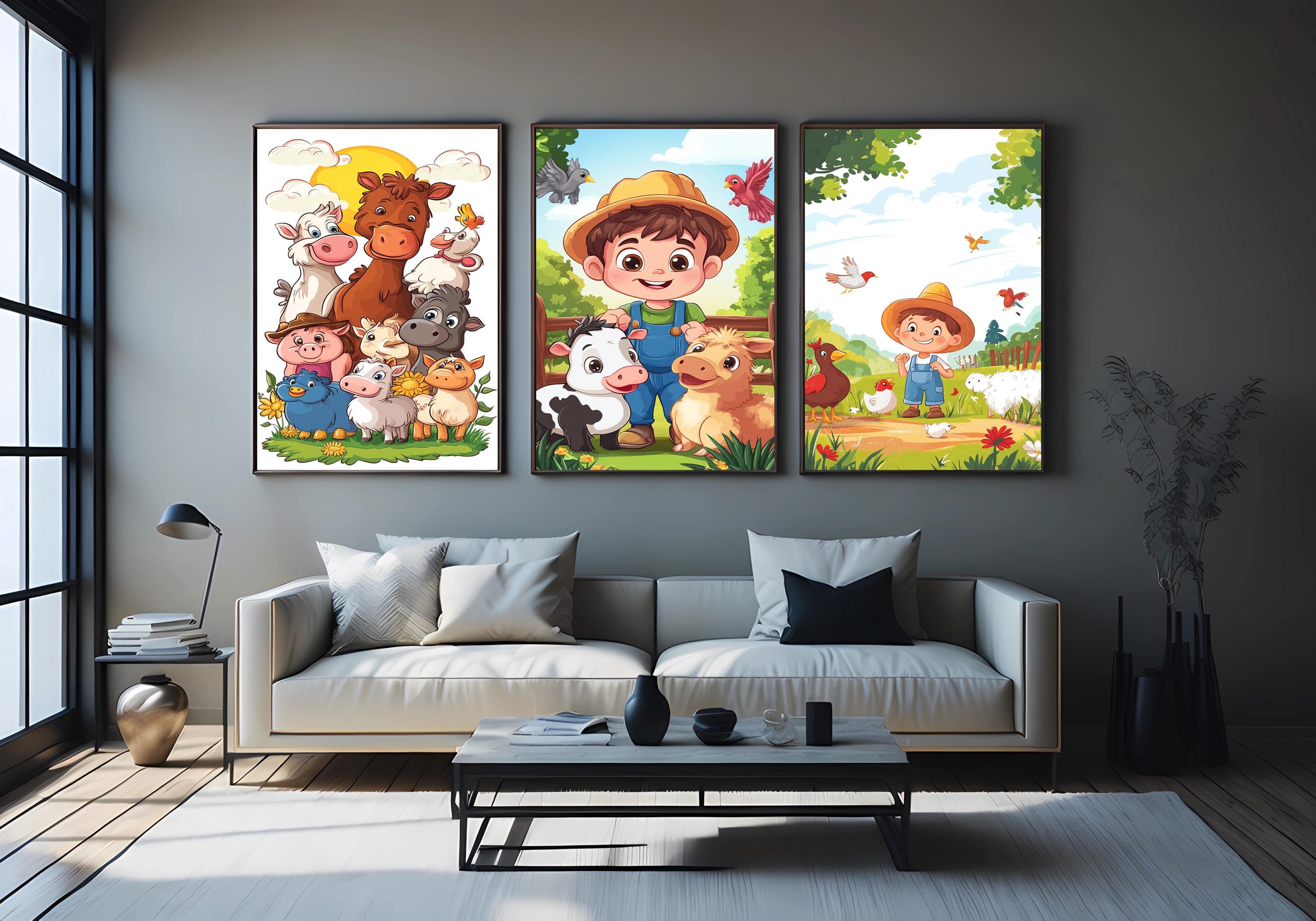 Farm Animal Nursery Art – Set of 3 Colorful Baby Room Wall Prints With Cute Cartoon Animals
