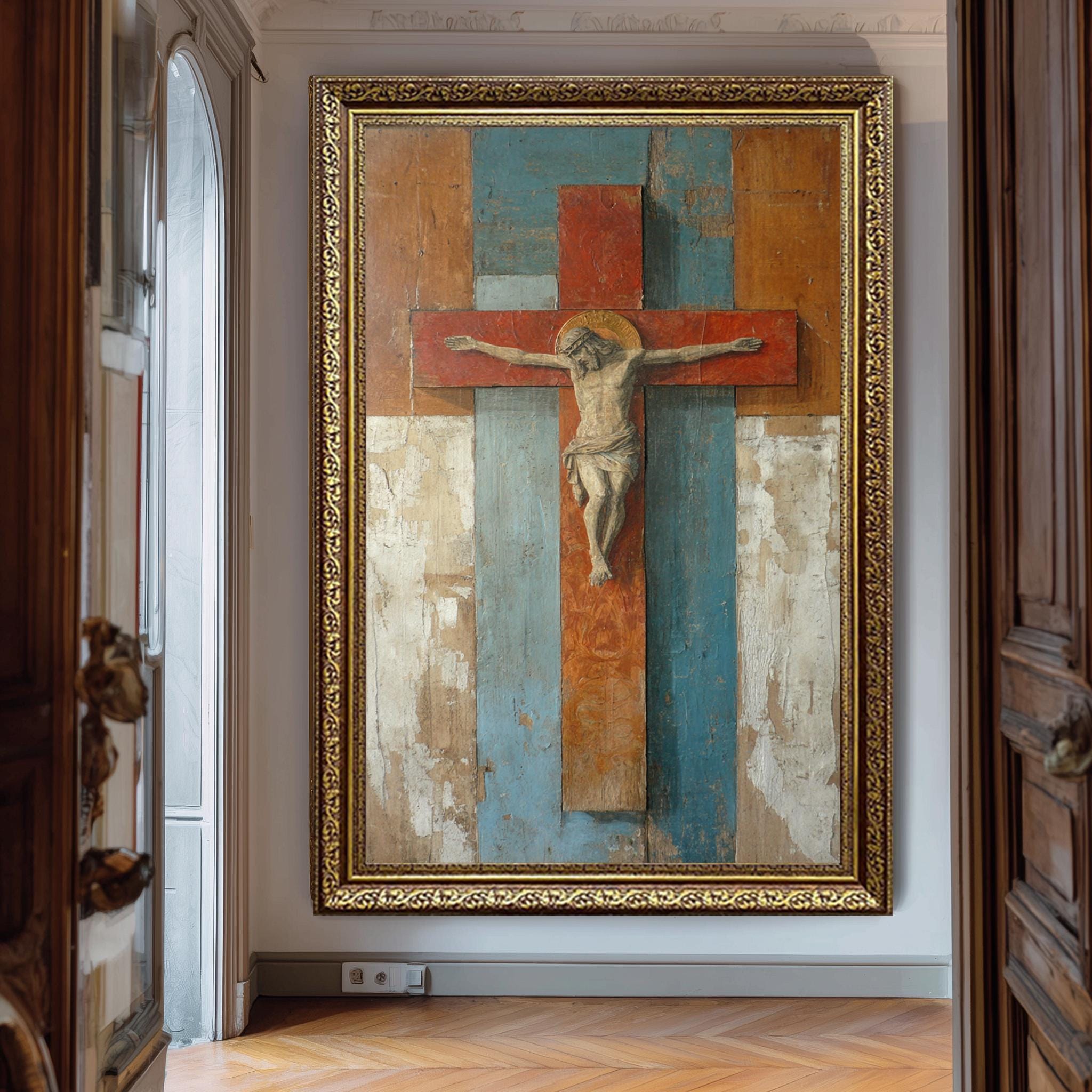 Wooden Crucifix Wall Art – Hand Carved Jesus Statue | Rustic Cross Decor Gift