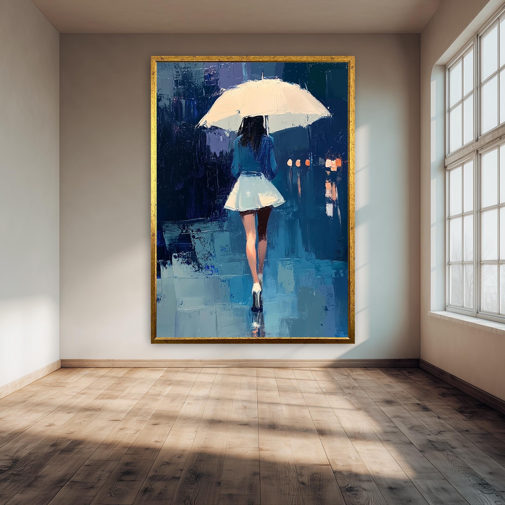 Modern Oil Painting - Elegant Woman Walking Rain | White Umbrella Art Canvas