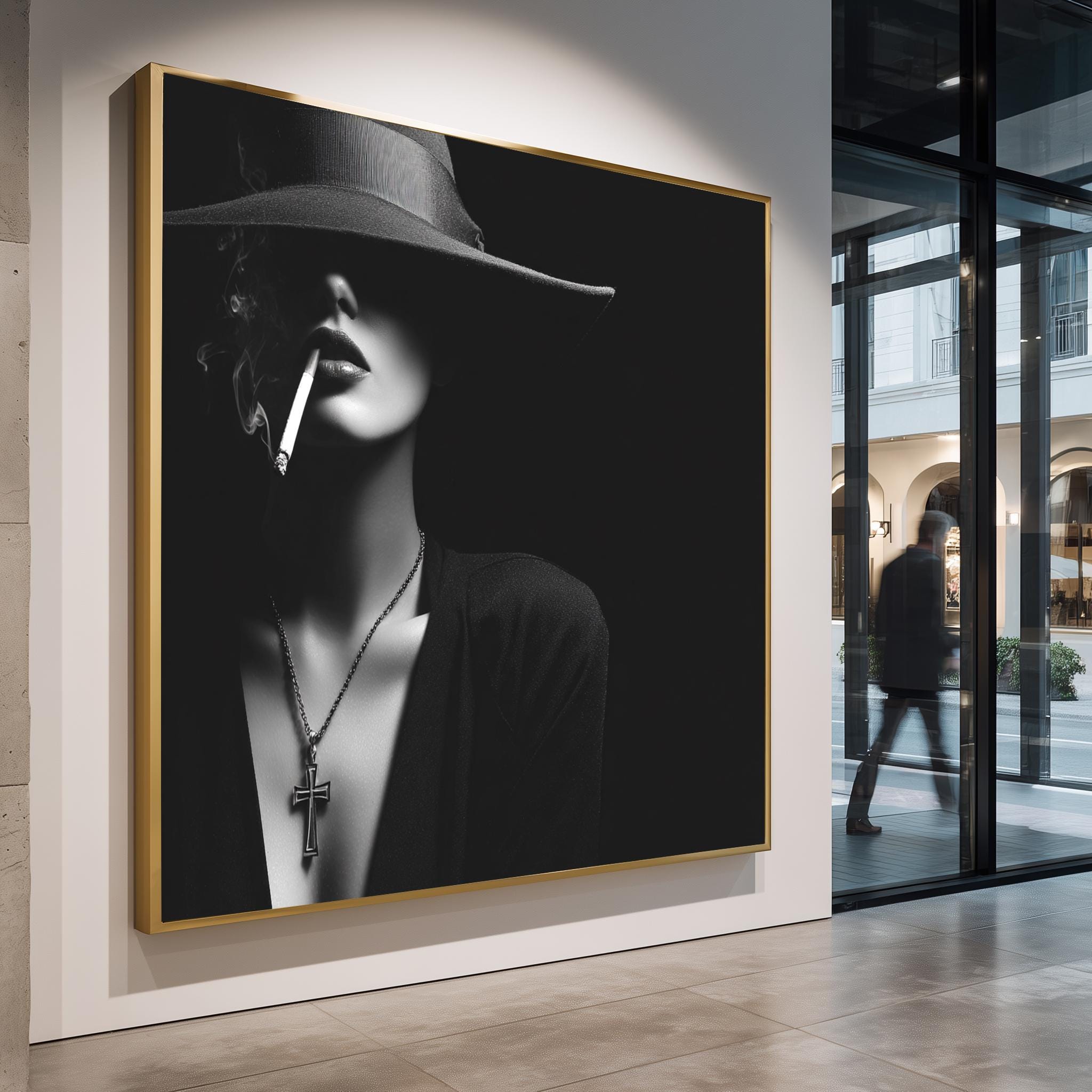 Noir Woman Portrait – Gothic Wall Art Print with Cross Necklace and Smoke Aesthetic