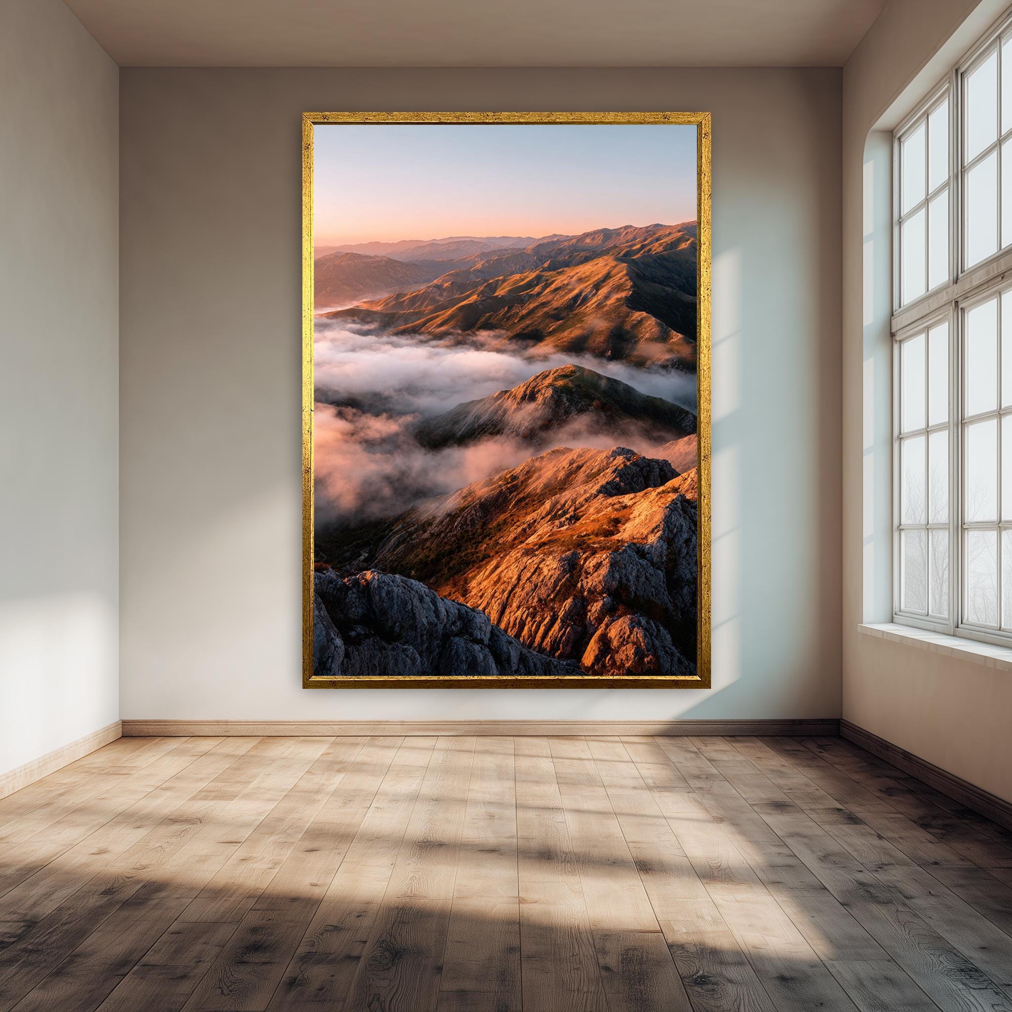 Nature Landscape Print – Golden Sunrise Mountain Wall Art | Misty Valley Decor