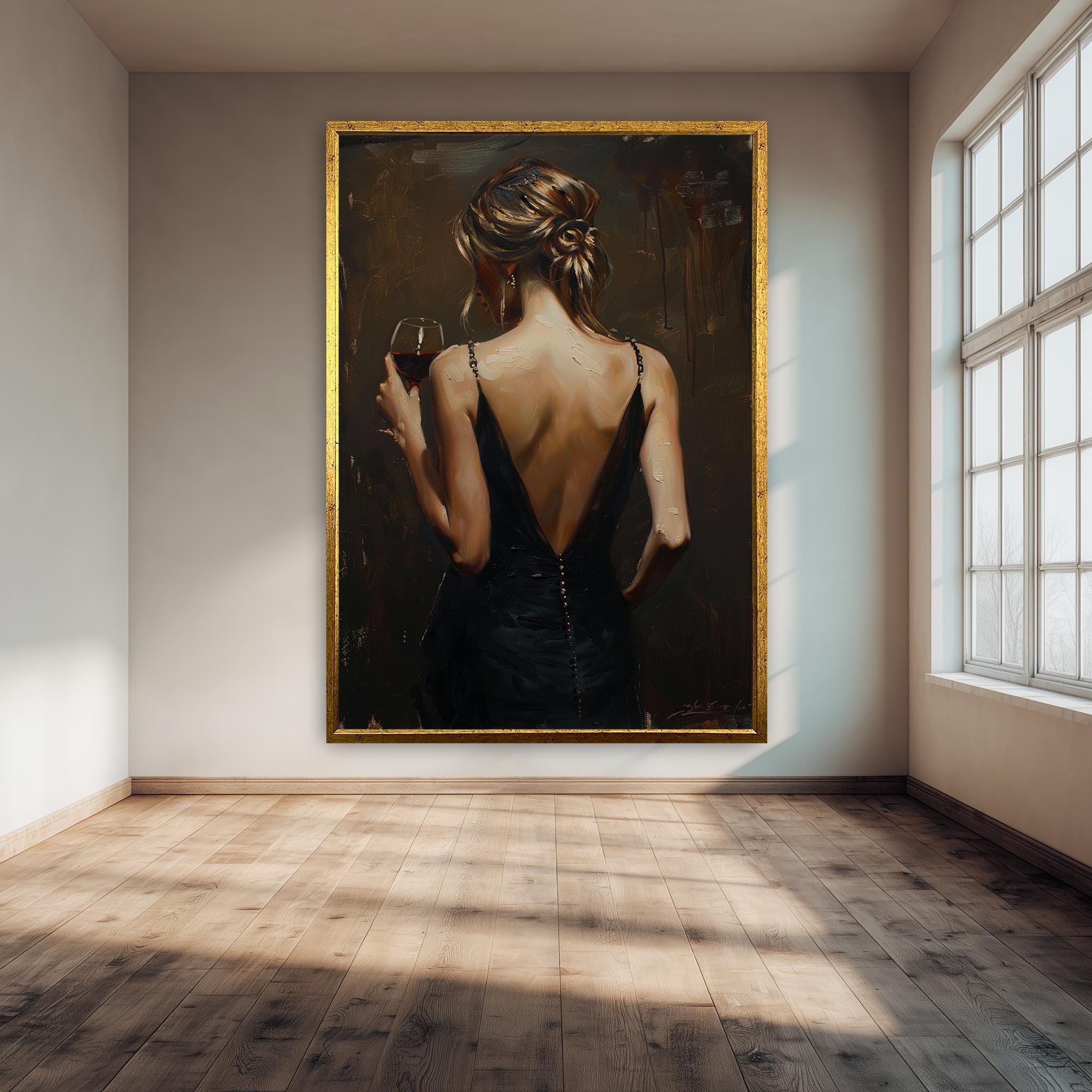 Woman Back Portrait Canvas | Elegant Lady Artwork - Romantic Blue Red Wall Art