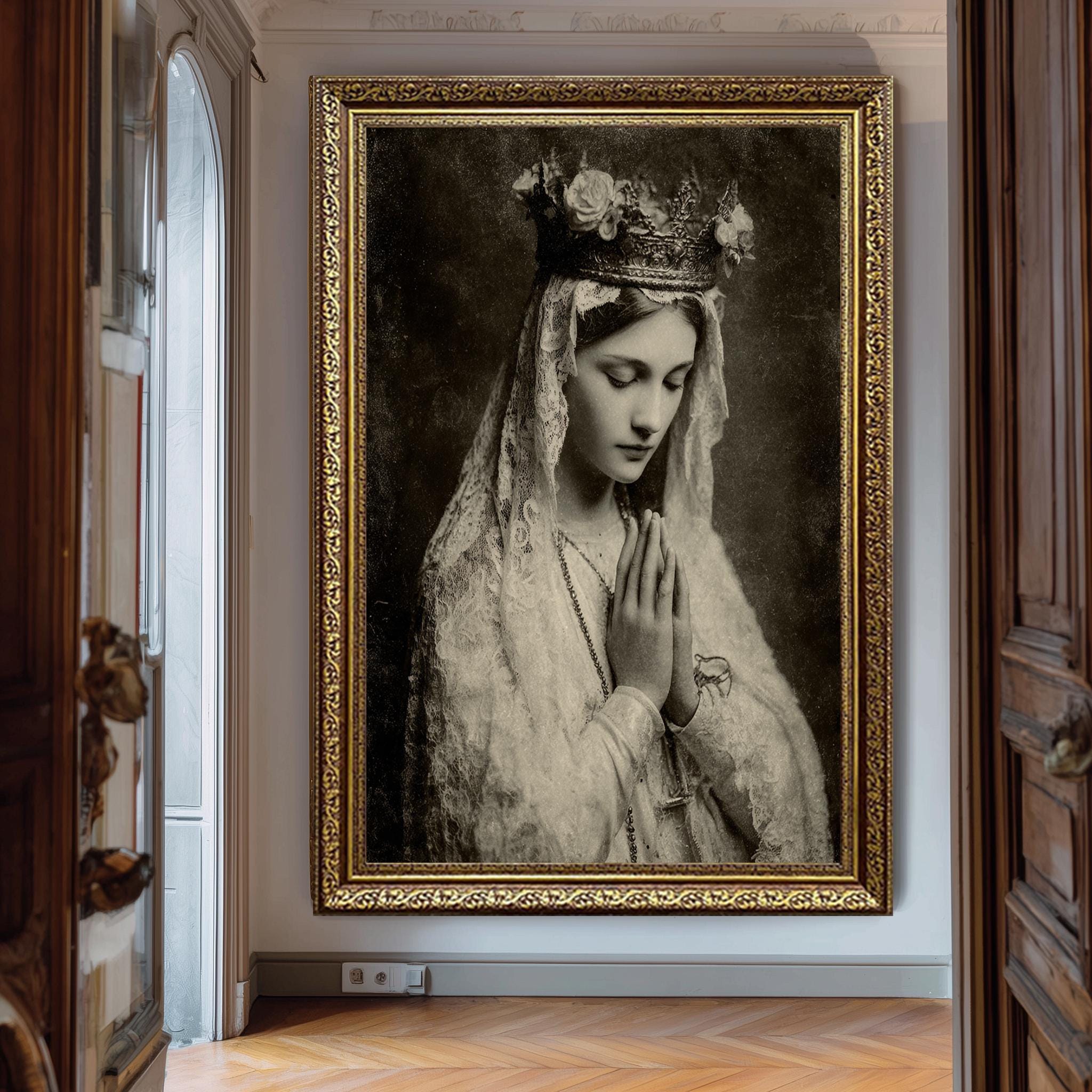 Vintage Virgin Mary Print - Sepia Catholic Wall Decor | Holy Mother Artwork