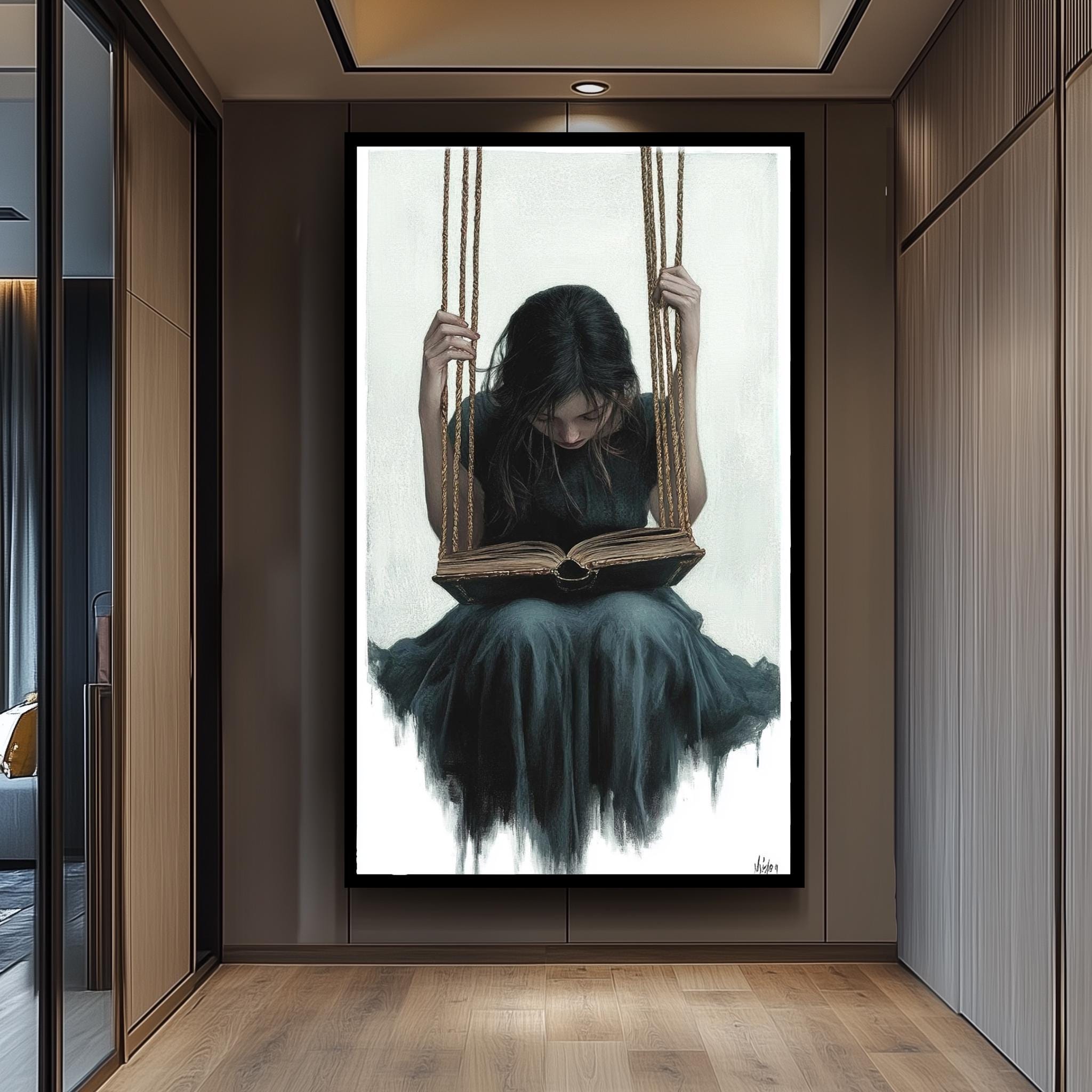 Surreal Girl Painting – Dreamlike Book Art | Hand Painted Canvas Wall Decor