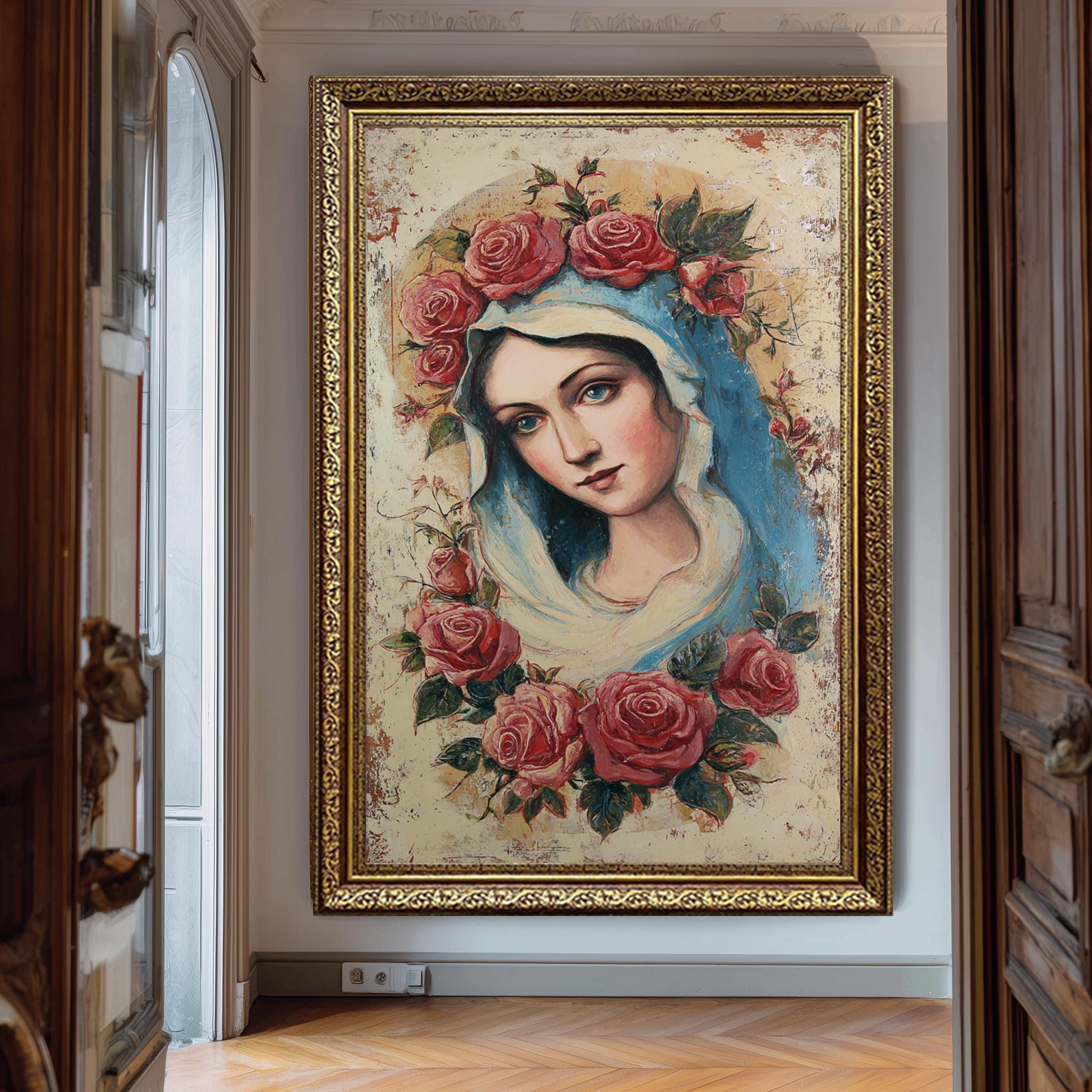 Virgin Mary Art Print - Rustic Catholic Wall Decor | Rose Crown Floral Madonna