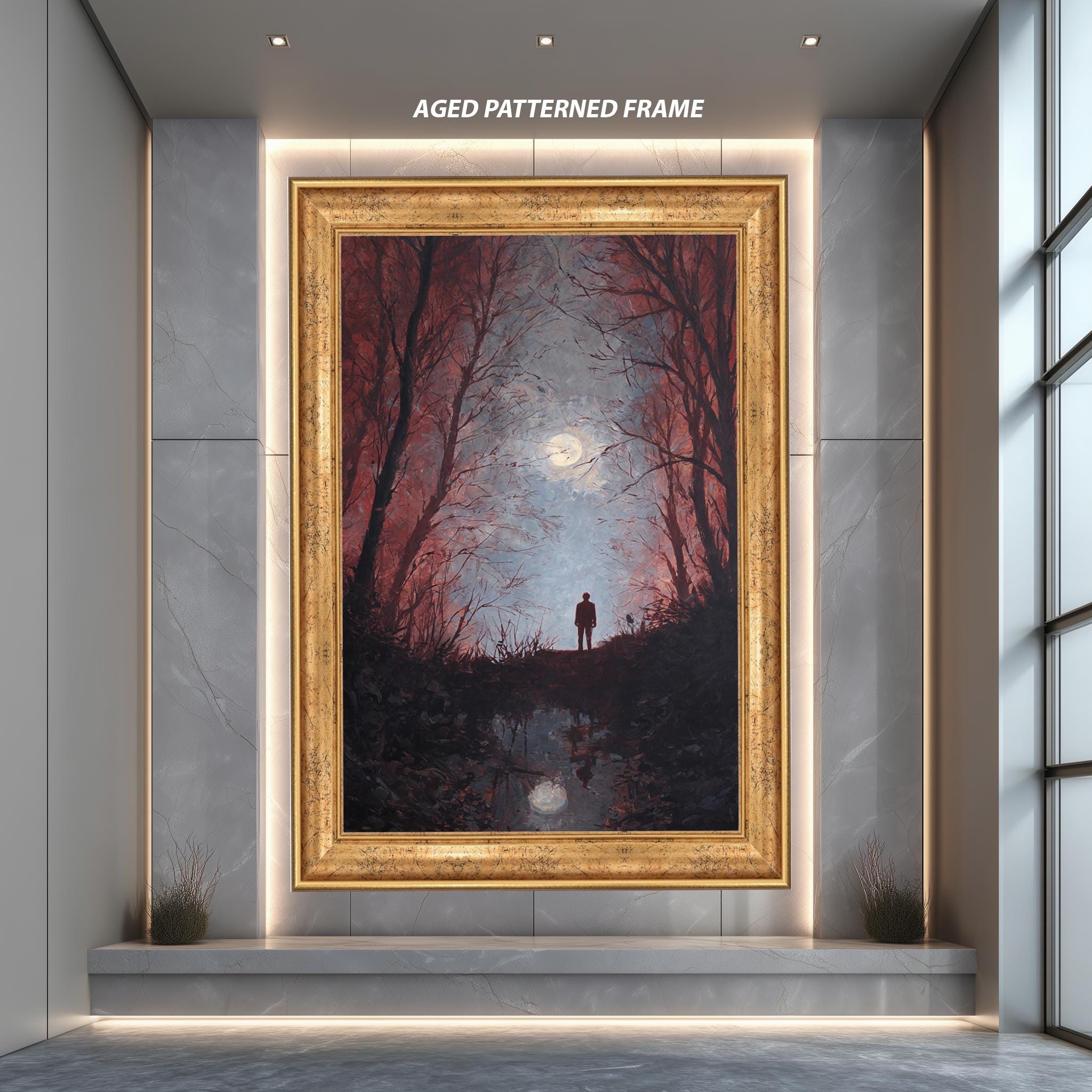 Moody Forest Art Print – Dark Surreal Wall Decor With Full Moon Reflection