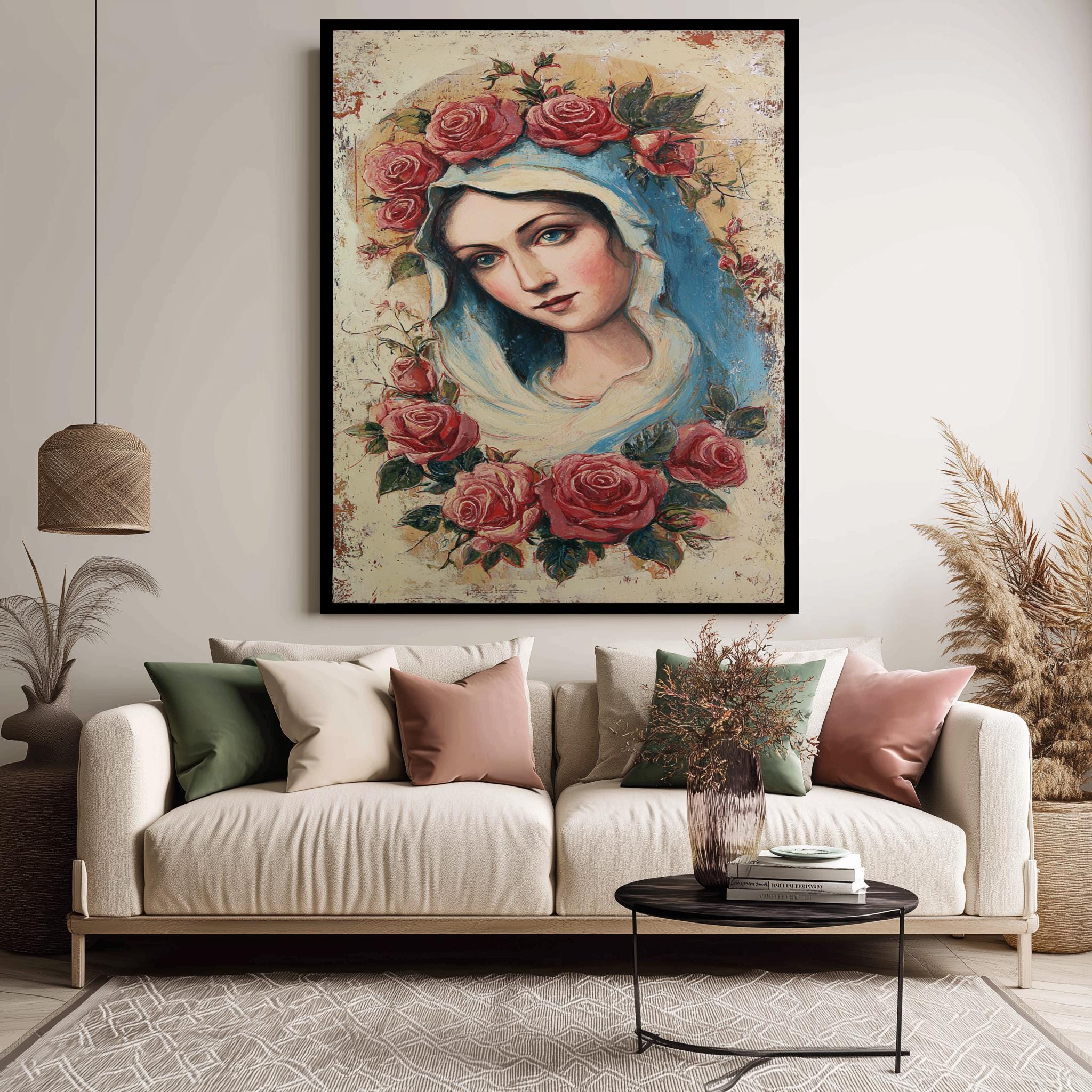 Virgin Mary Art Print - Rustic Catholic Wall Decor | Rose Crown Floral Madonna