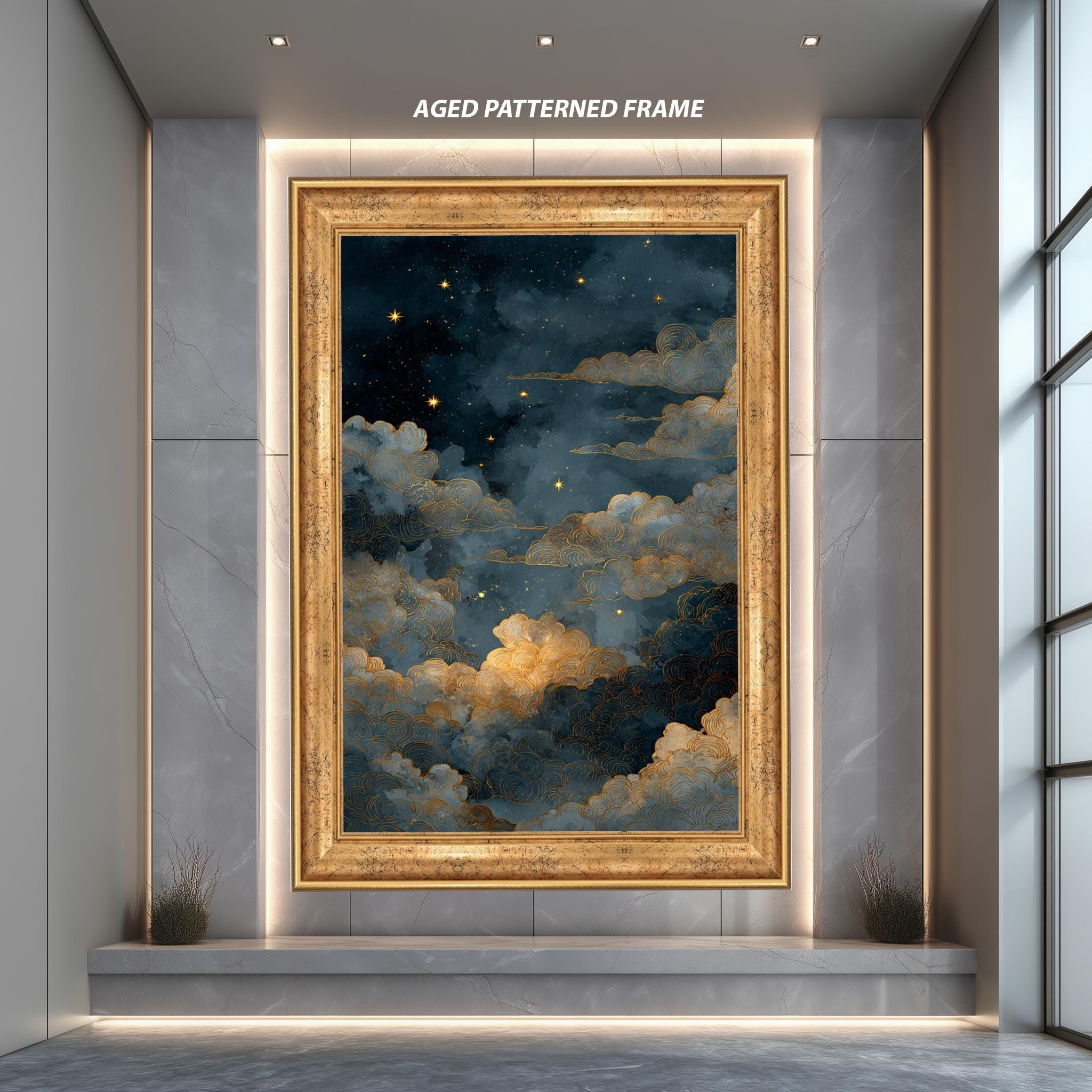 Celestial Canvas Wall Art – Starry Night Print | Blue Gold Wall Decor, Dreamy Bedroom Art