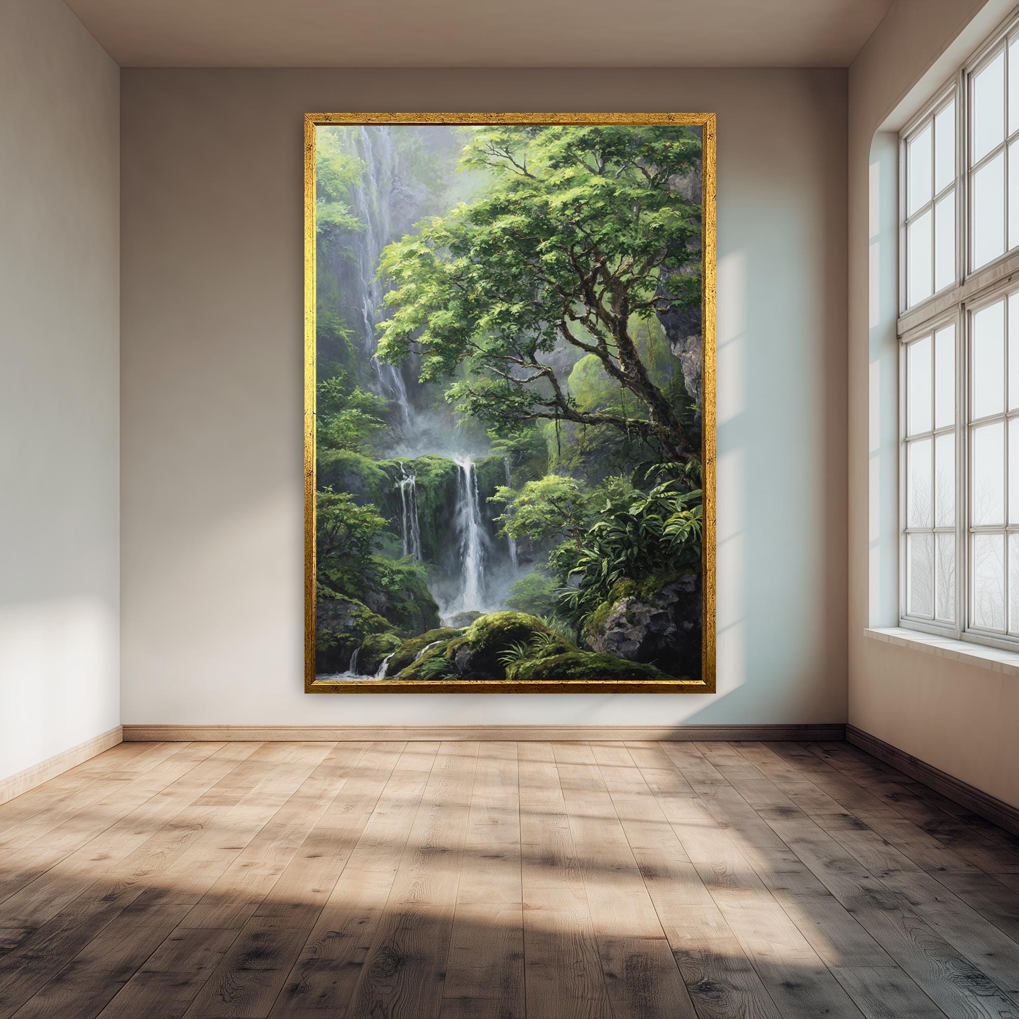 Forest Waterfall Art Print – Misty Green Landscape | Serene Rainforest Wall Decor