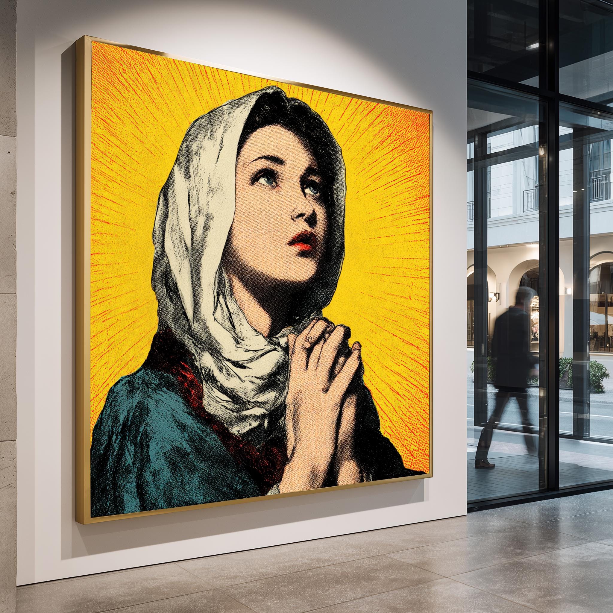 Religious Pop Art Poster - Vintage Praying Woman Print with Halo, Faith Inspired Gift