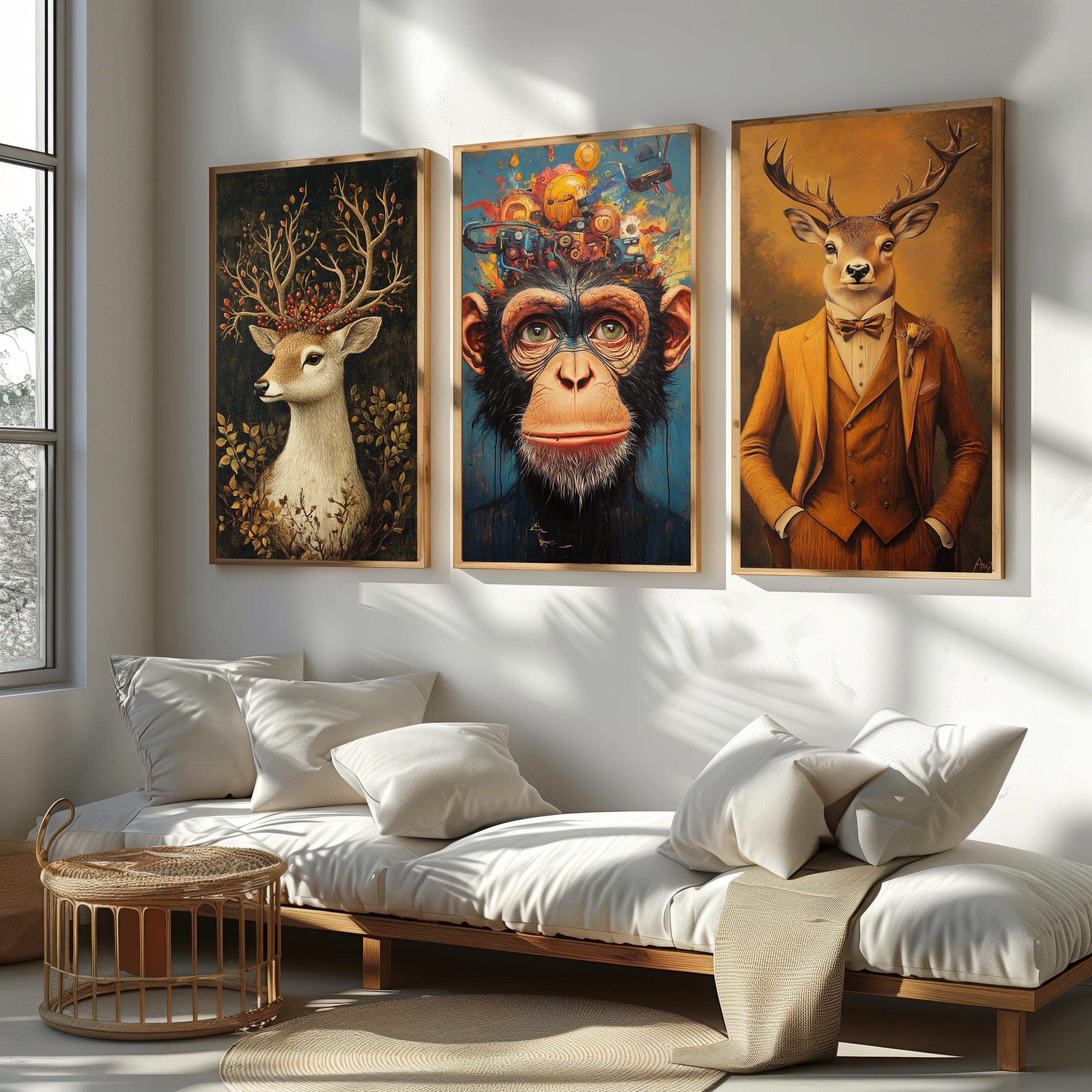 Surreal Animal Wall Art – Unique Canvas Print Set | Robotic Chimpanzee, Deer Portrait & Botanical Stag