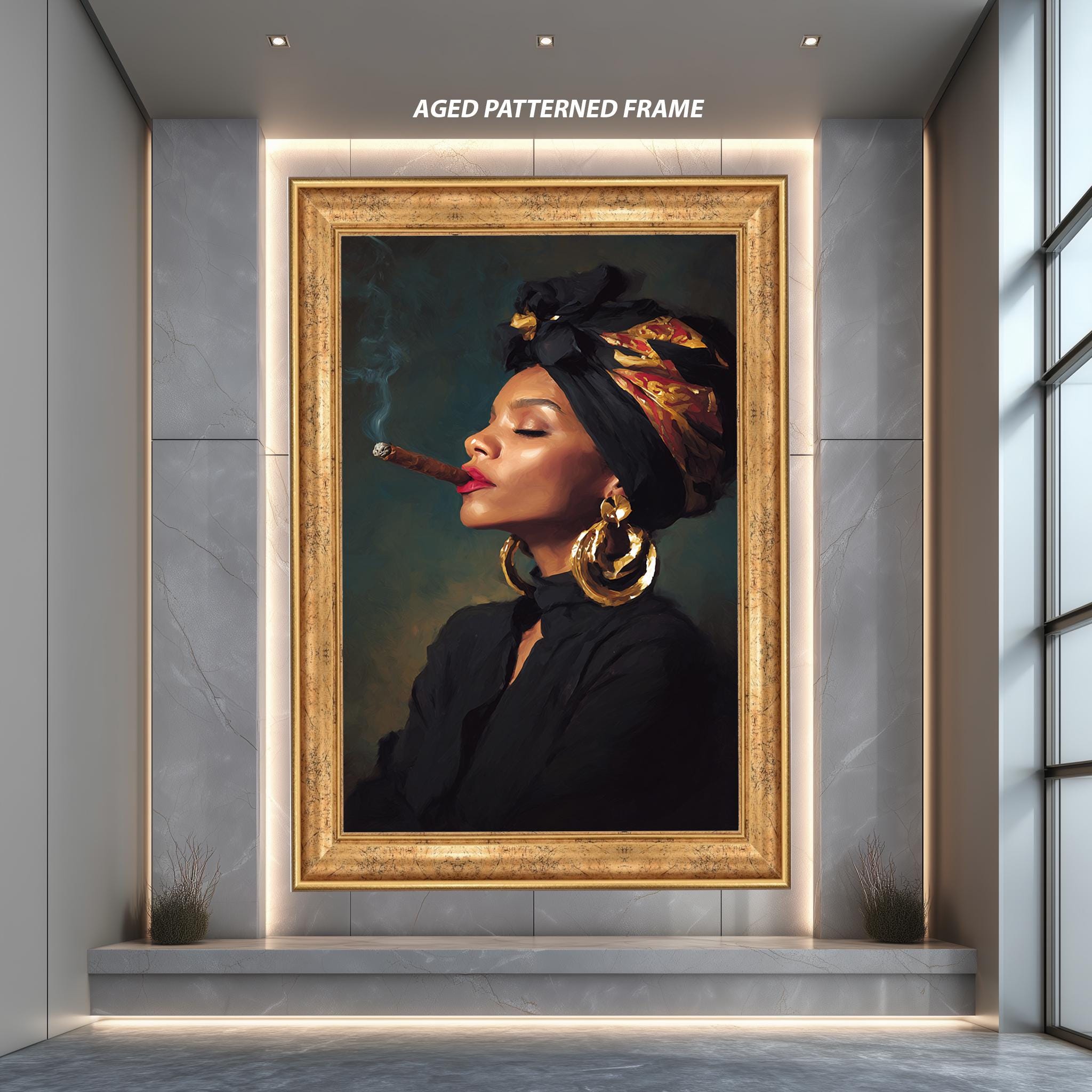 Afrocentric Canvas Art – Afro Woman Portrait with Gold Hoop Earrings & Headwrap Wall Decor