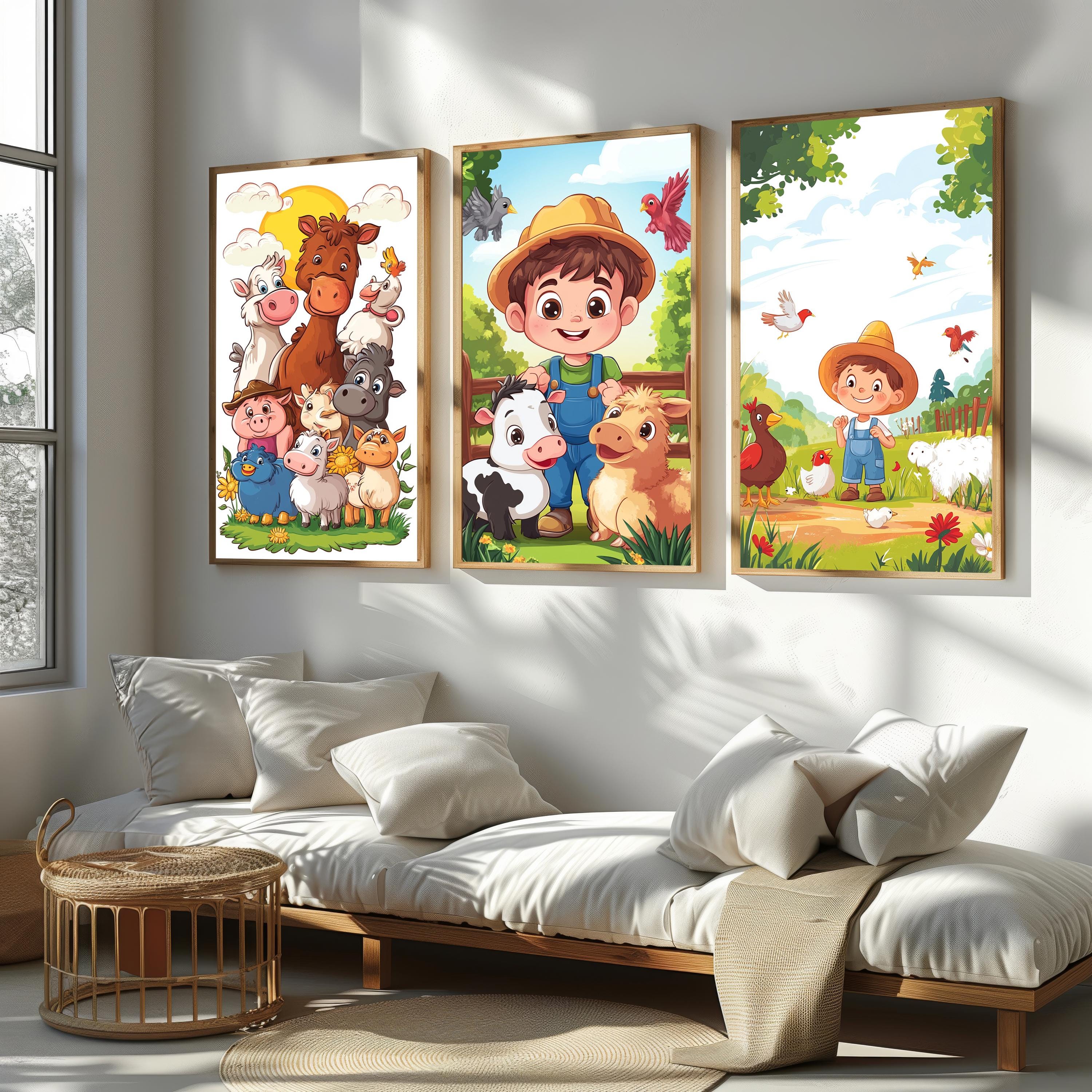 Farm Animal Nursery Art – Set of 3 Colorful Baby Room Wall Prints With Cute Cartoon Animals