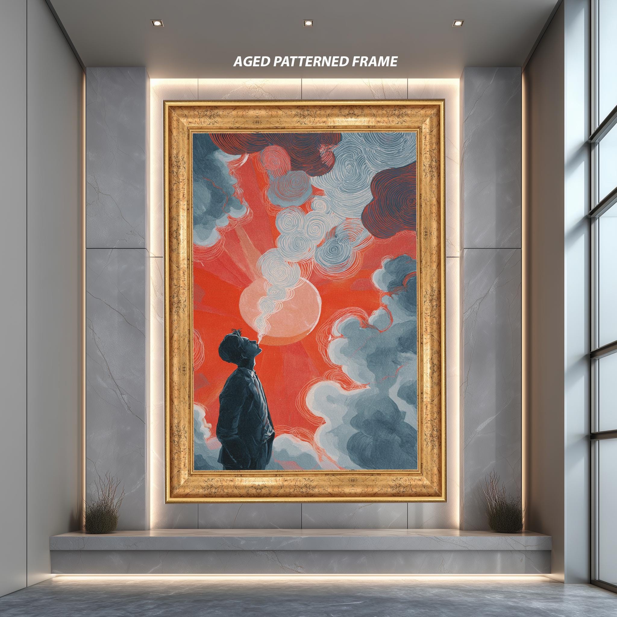 Surreal Art Print – Psychedelic Canvas Print with Red Sun & Dreamy Clouds Artwork