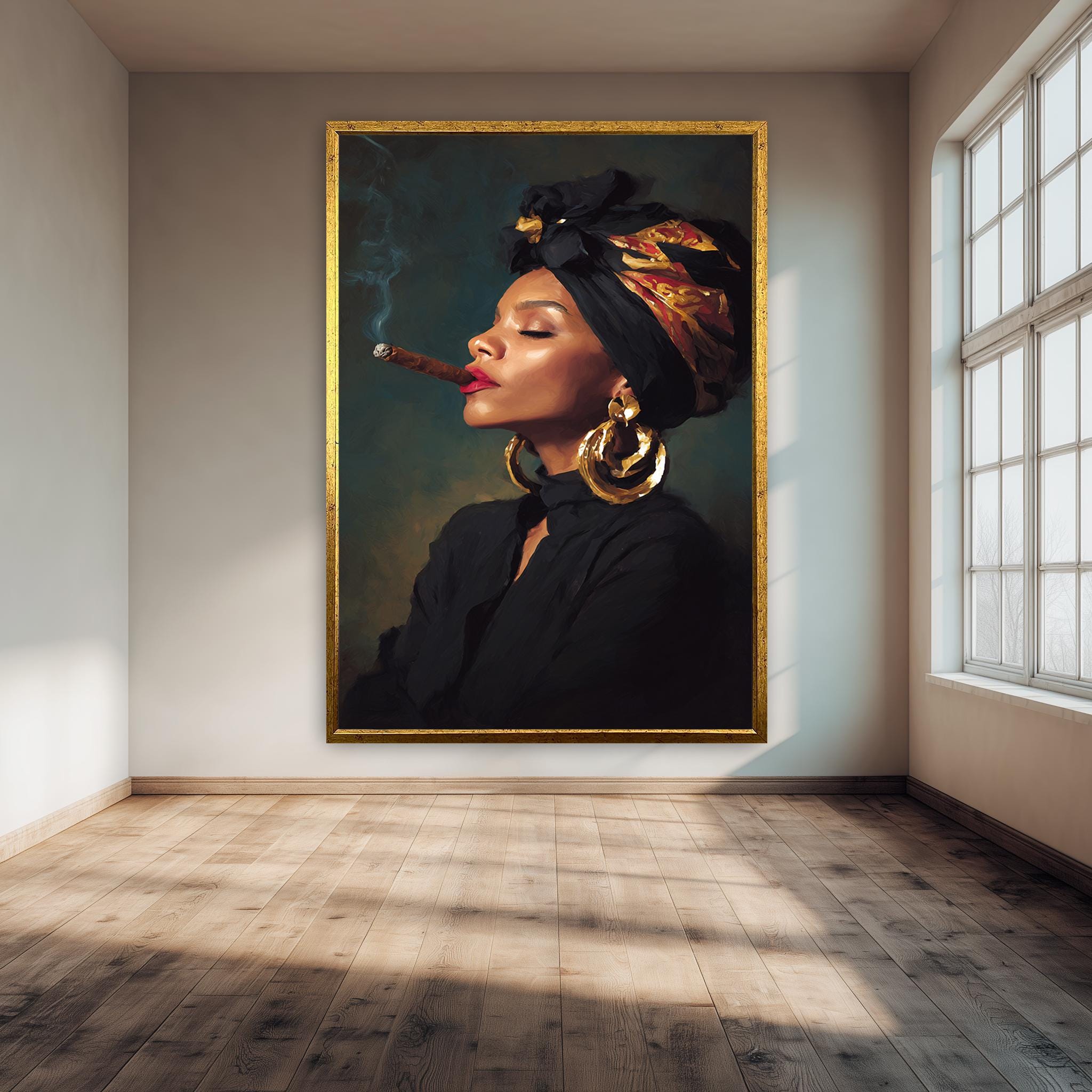 Afrocentric Canvas Art – Afro Woman Portrait with Gold Hoop Earrings & Headwrap Wall Decor