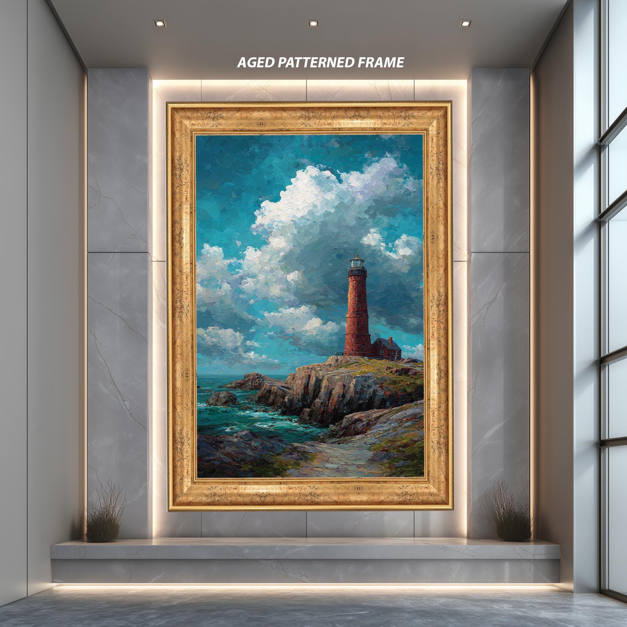 Red Lighthouse Art Print – Coastal Wall Decor | Nautical Seaside Painting on Rocky Shore Canvas