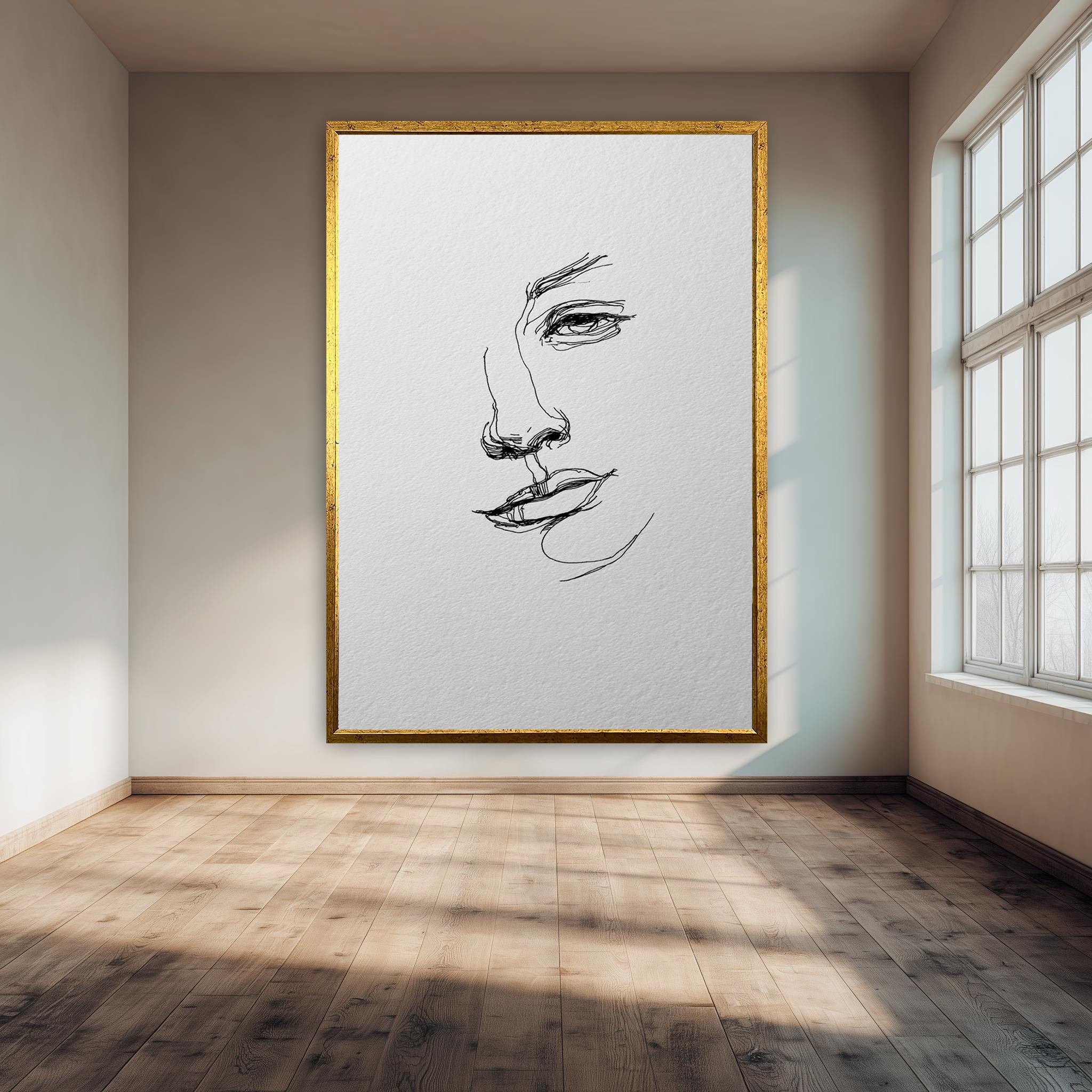 Minimalist Line Art Portrait – Black Ink Drawing on Textured Paper Look | Modern Wall Art