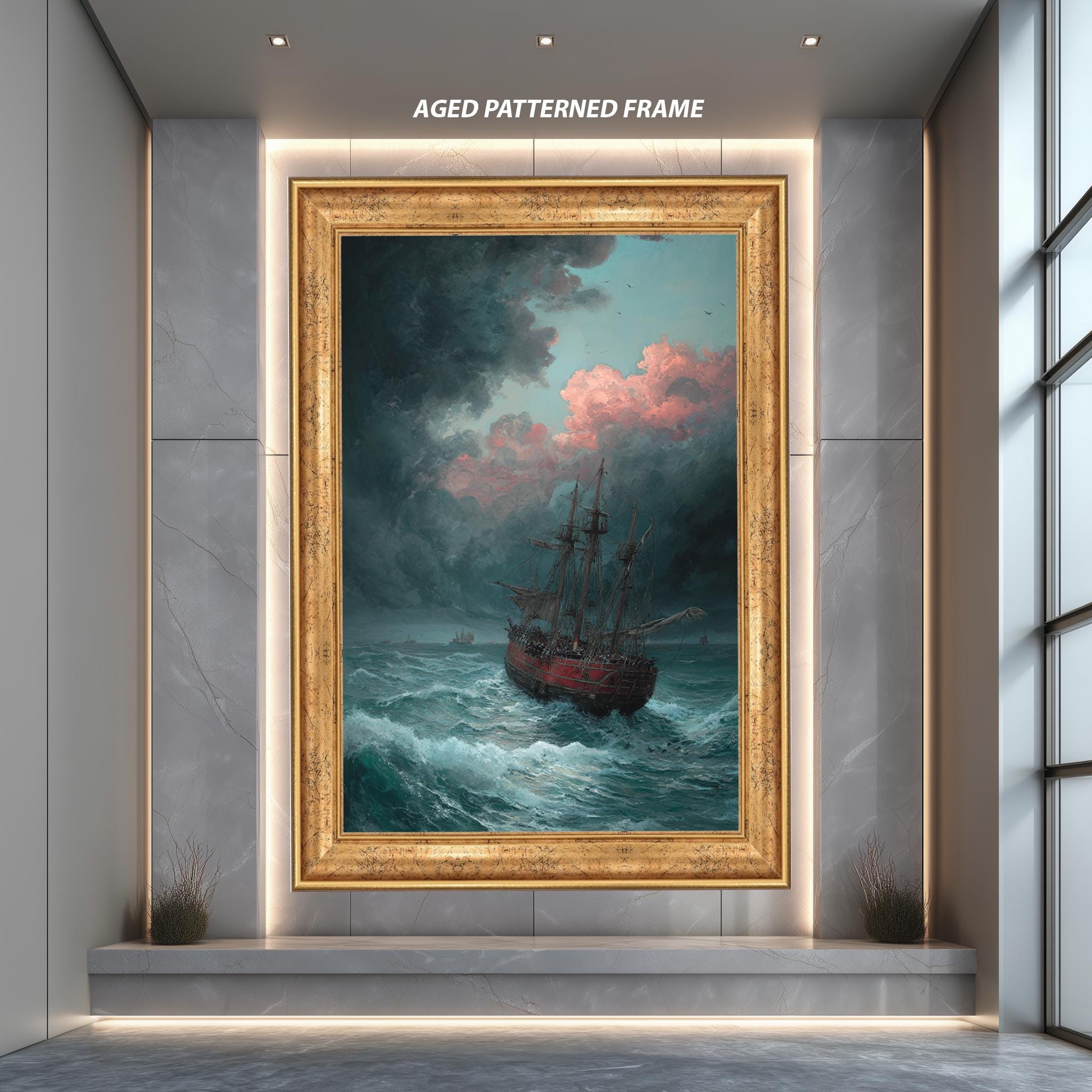 Nautical Wall Art – Stormy Sea Painting with Red Sailboat | Modern Marine Decor Poster