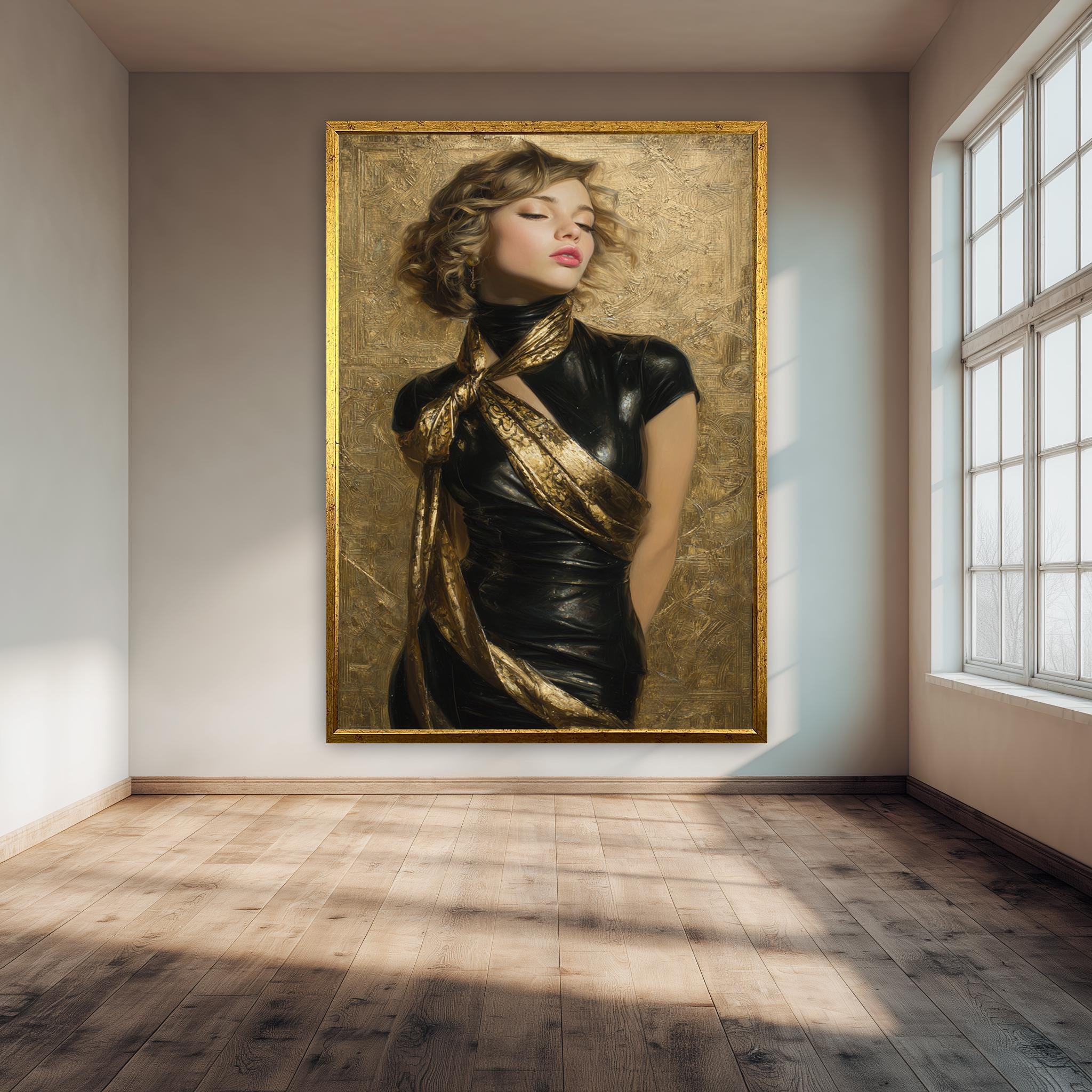 Luxury Portrait Art – Elegant Woman in Black and Gold Dress | Modern Wall Art Print