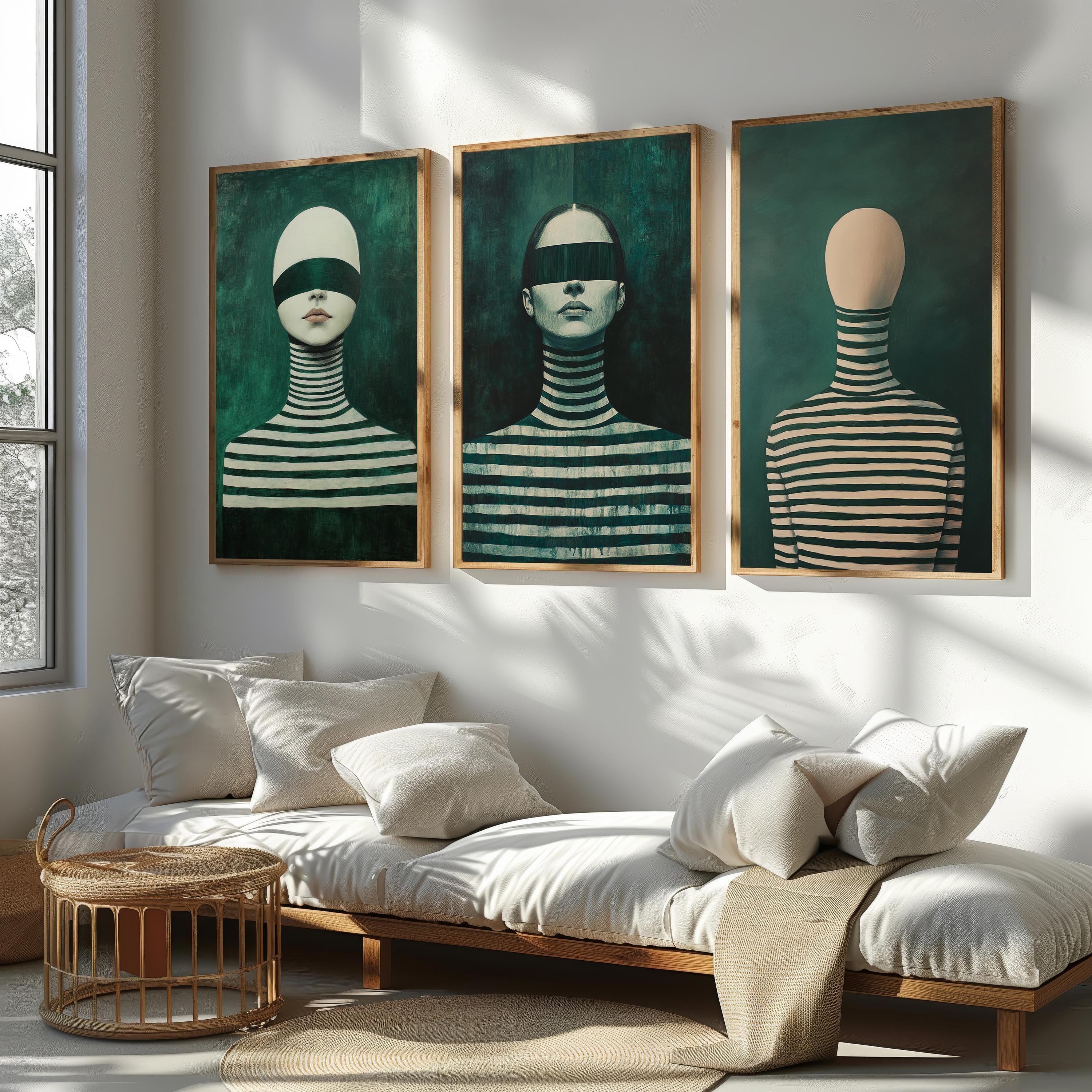 Surreal Woman Wall Art – Abstract Female Portraits Green Striped Triptych Canvas Set