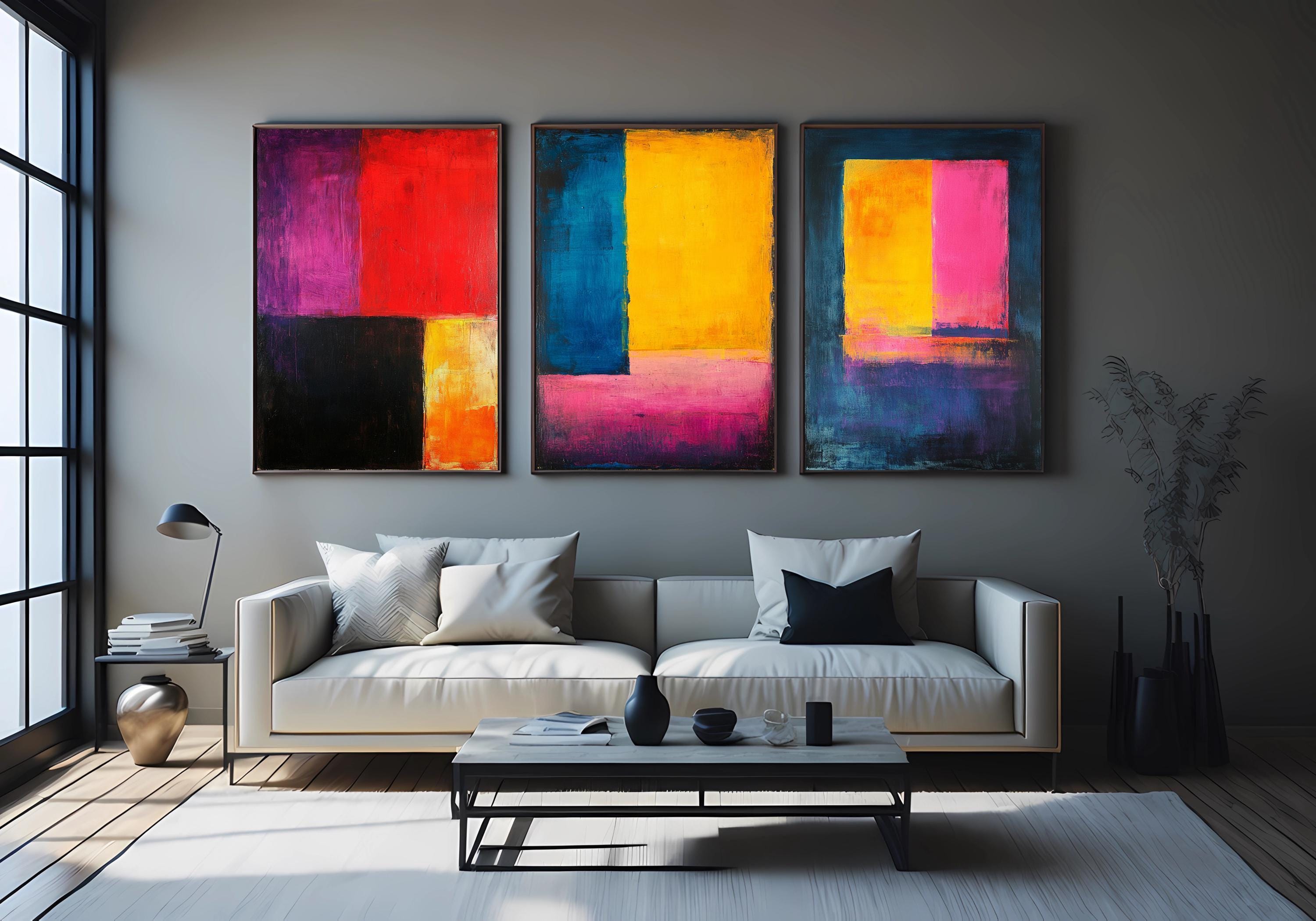 Abstract Color Block Canvas - Modern Geometric 3 Piece Wall Art Set for Living Room