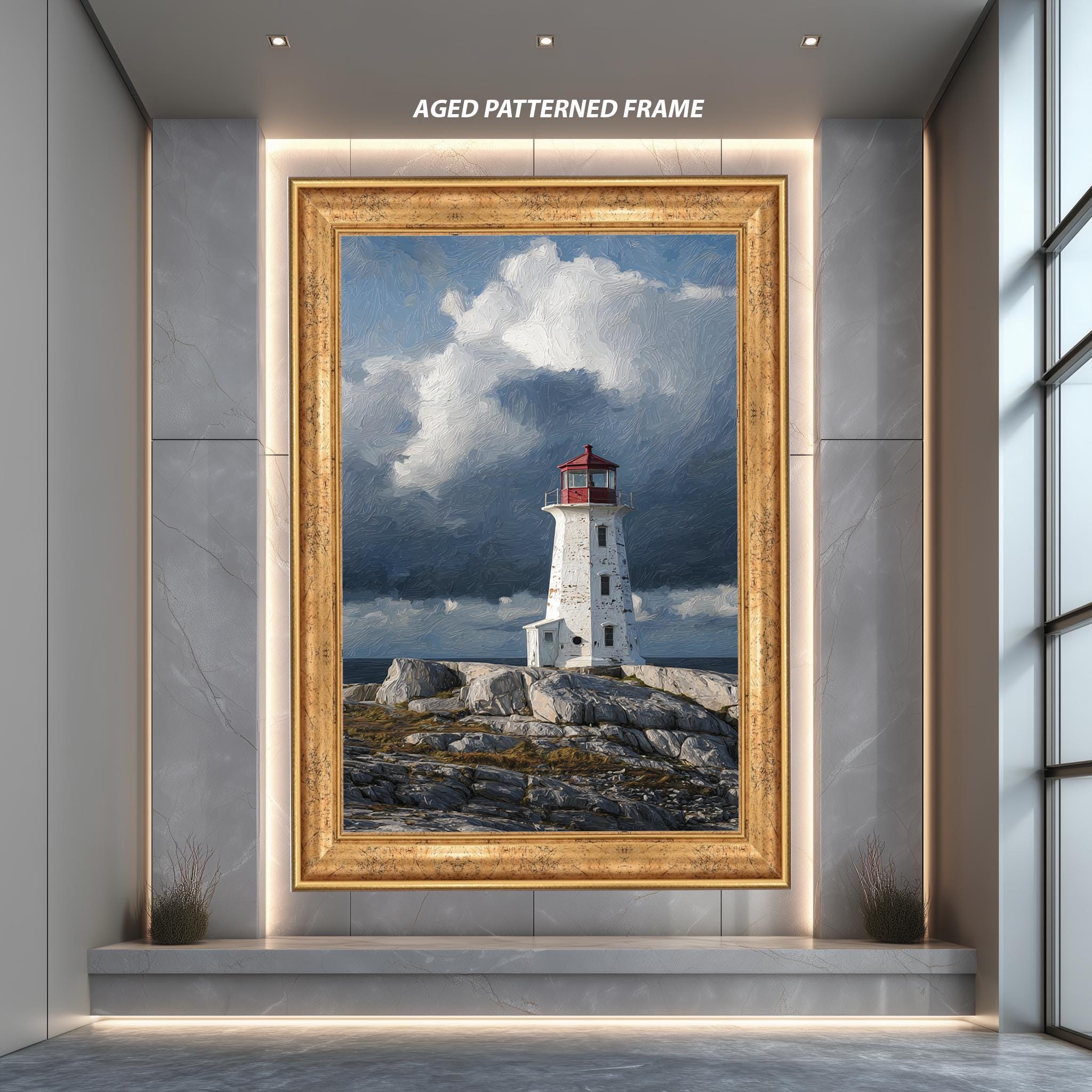 Lighthouse Art Print – Coastal Wall Decor with Dramatic Sky and Rocky Coast Canvas