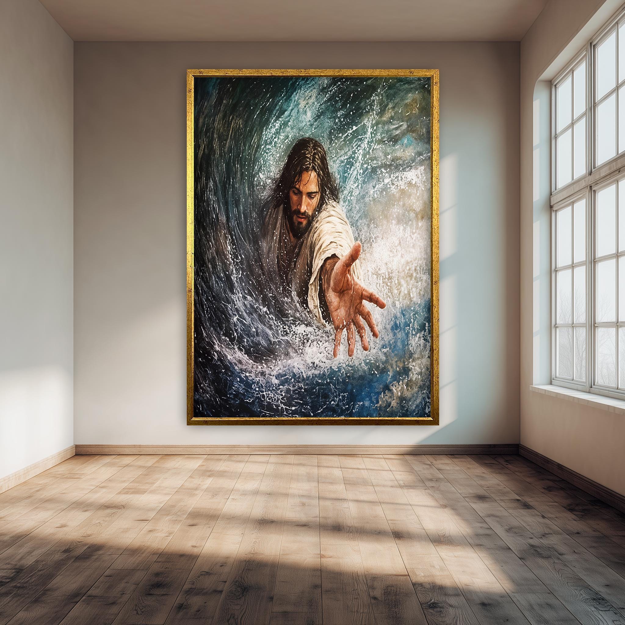 Jesus Reaching Hand Canvas - Faith Wall Art | Inspirational Ocean Scene Print