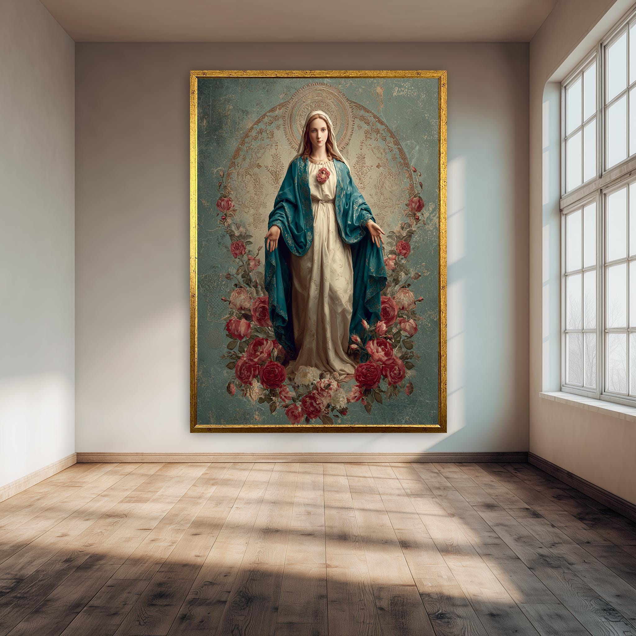 Virgin Mary Wall Art - Sacred Blue and White Catholic Devotional Print with Roses