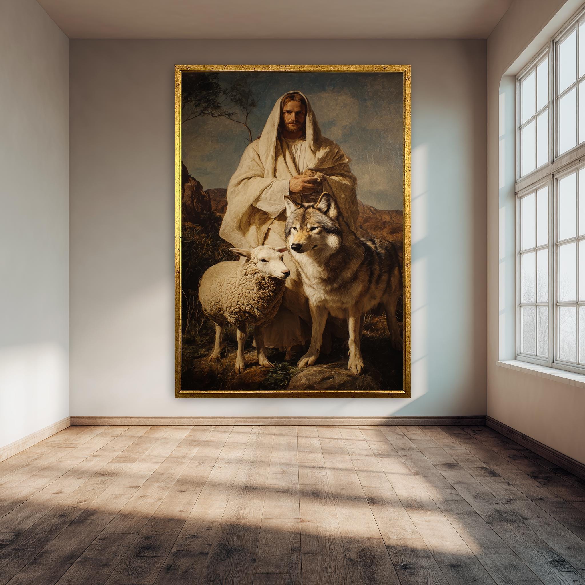 Realistic Jesus Art Print – Christian Wall Decor | Lamb and Wolf Spiritual Scene