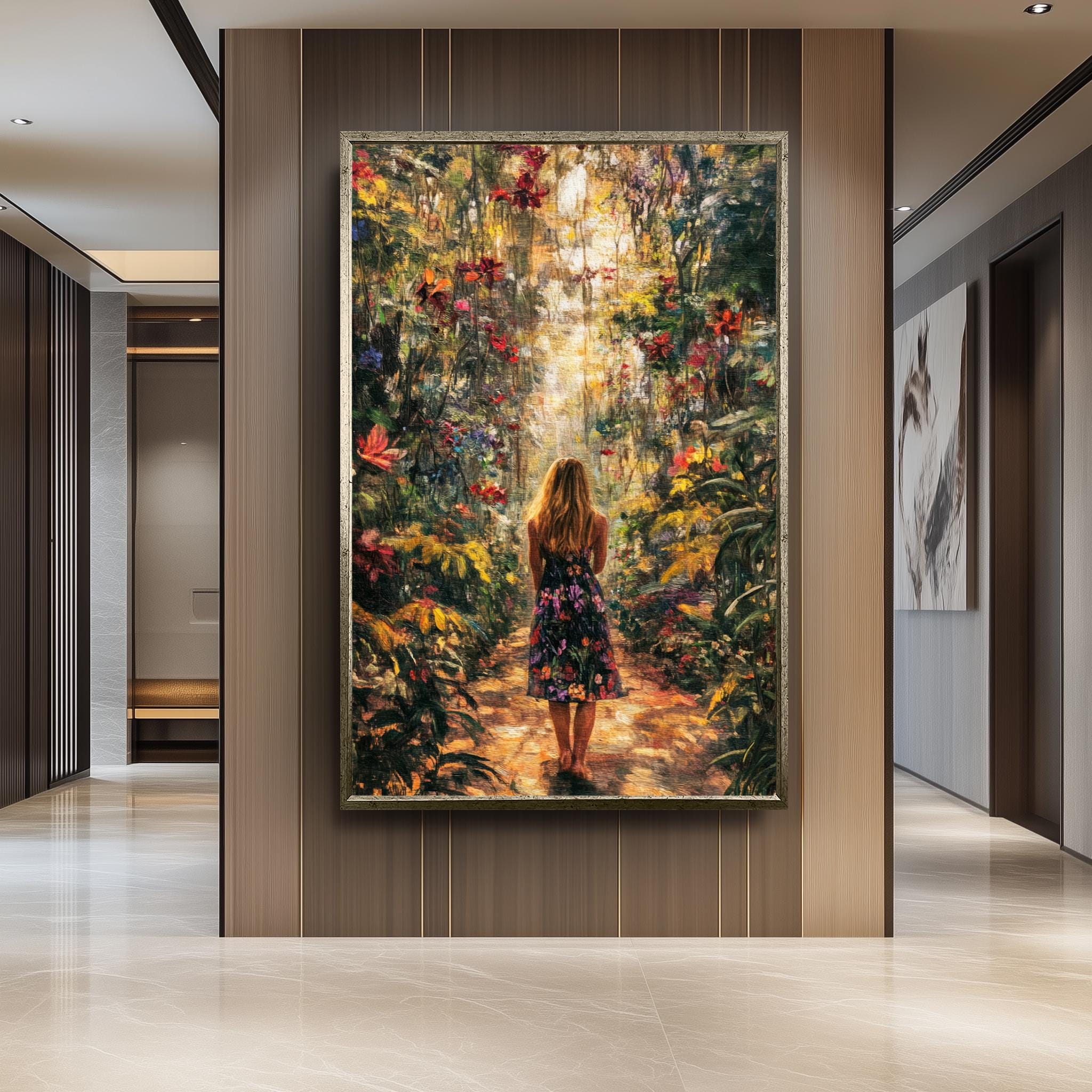 Enchanted Garden Oil Painting – Romantic Woman Portrait Canvas | Whimsical Floral Scene