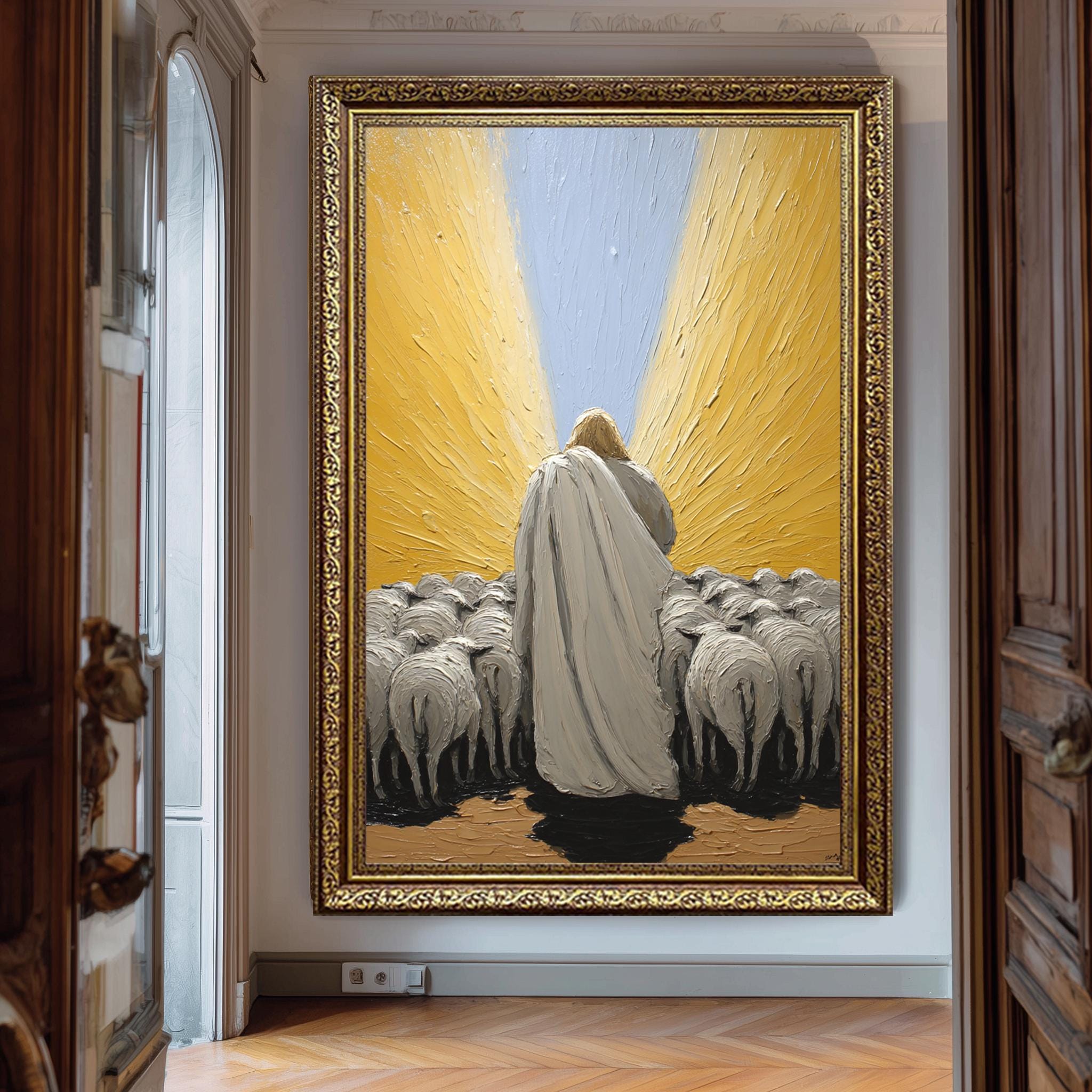 Jesus the Good Shepherd Print - Christian Wall Art | Oil Style Jesus Artwork with Sheep and Holy Light Symbolism