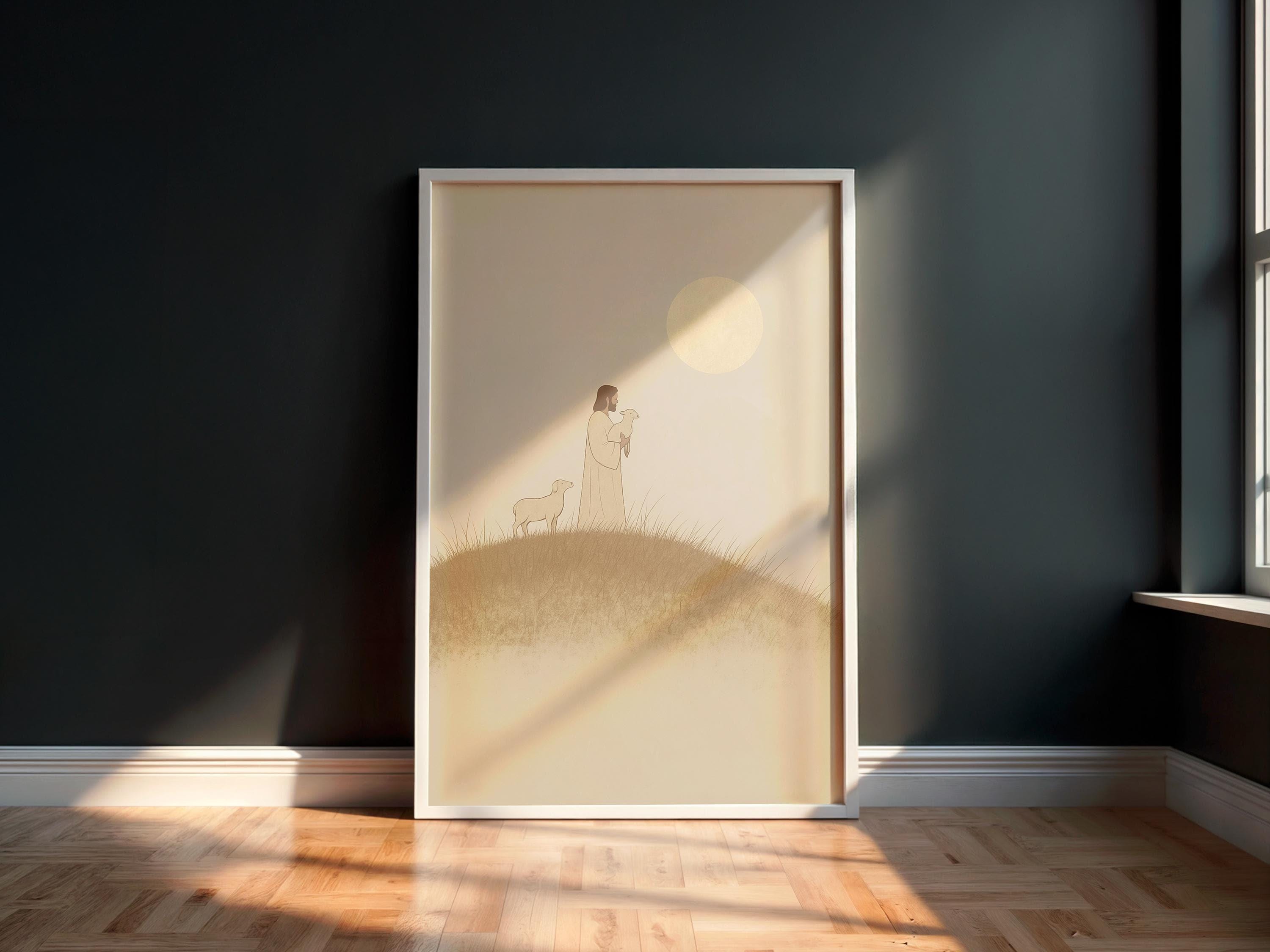 Jesus With Lamb Wall Art – Christian Pastoral Scene Print | Faithful Shepherd Canvas