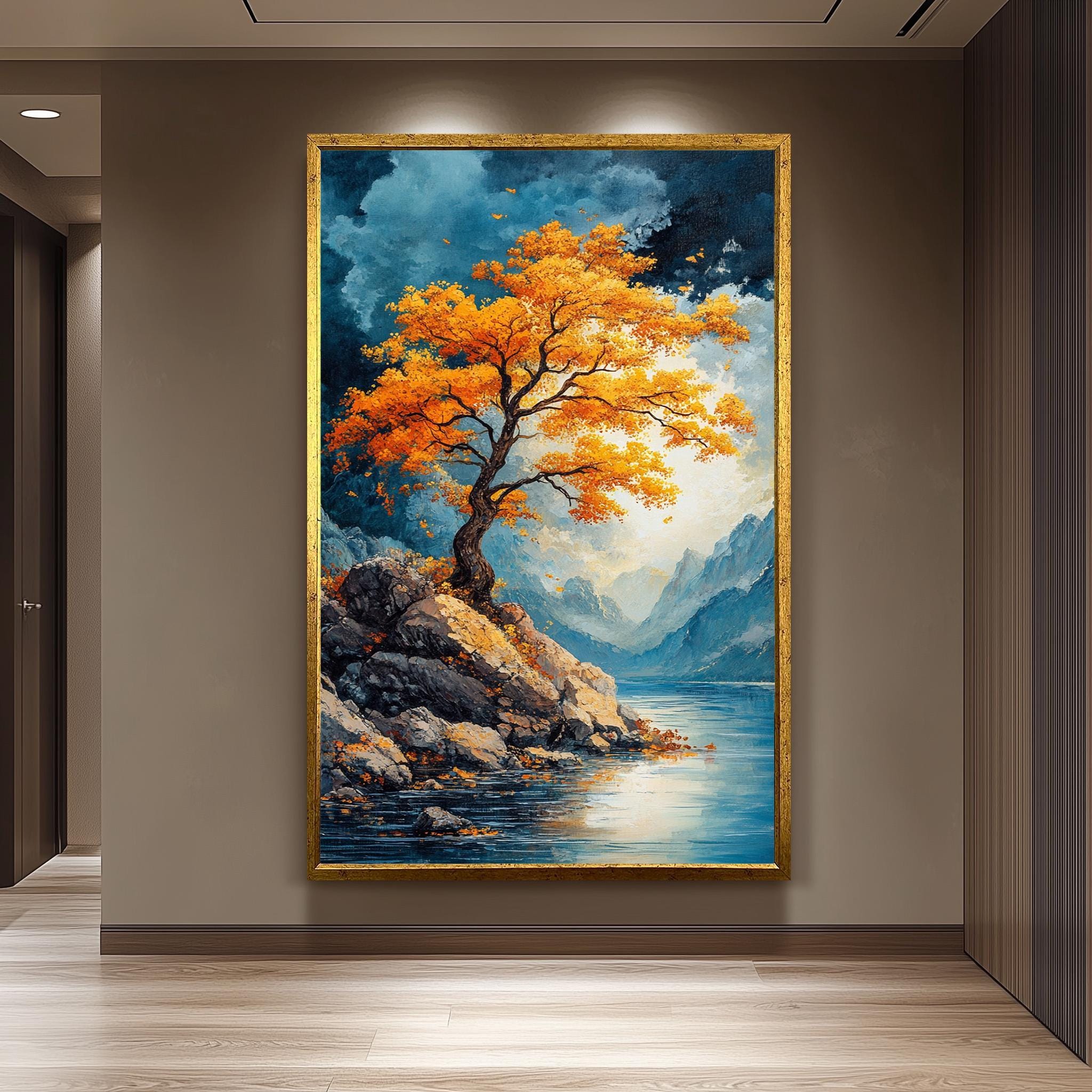 Golden Tree Wall Art – Autumn Mountain Landscape Canvas Print | Vibrant Nature Painting