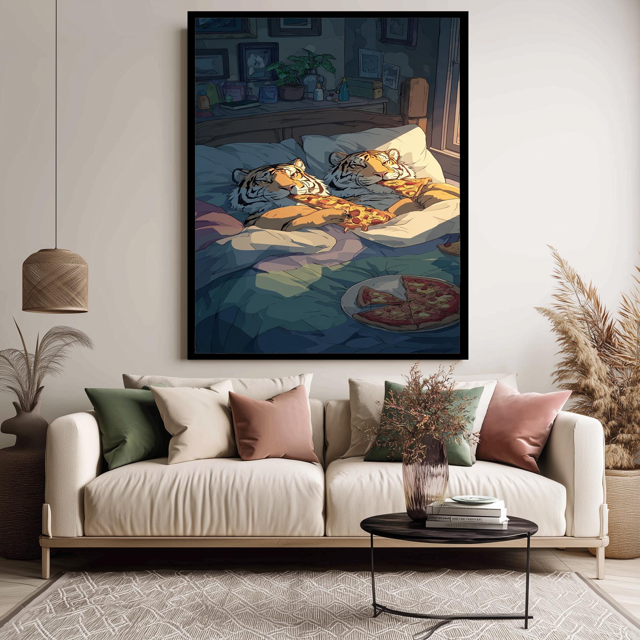 Cozy Tiger Art Print – Whimsical Animal Illustration | Funny Bedtime Wall Decor